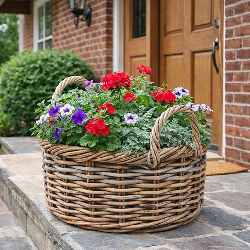 Kobolo Pflanzkübel Übertopf Pflanzkorb Pflanzschale rund aus Rattan mit Folie (Vorteils-Set 1 Stück, 1 St., 1 Stück), Blumenkorb Flechtkorb Holzkorb Durchmesser 40 cm