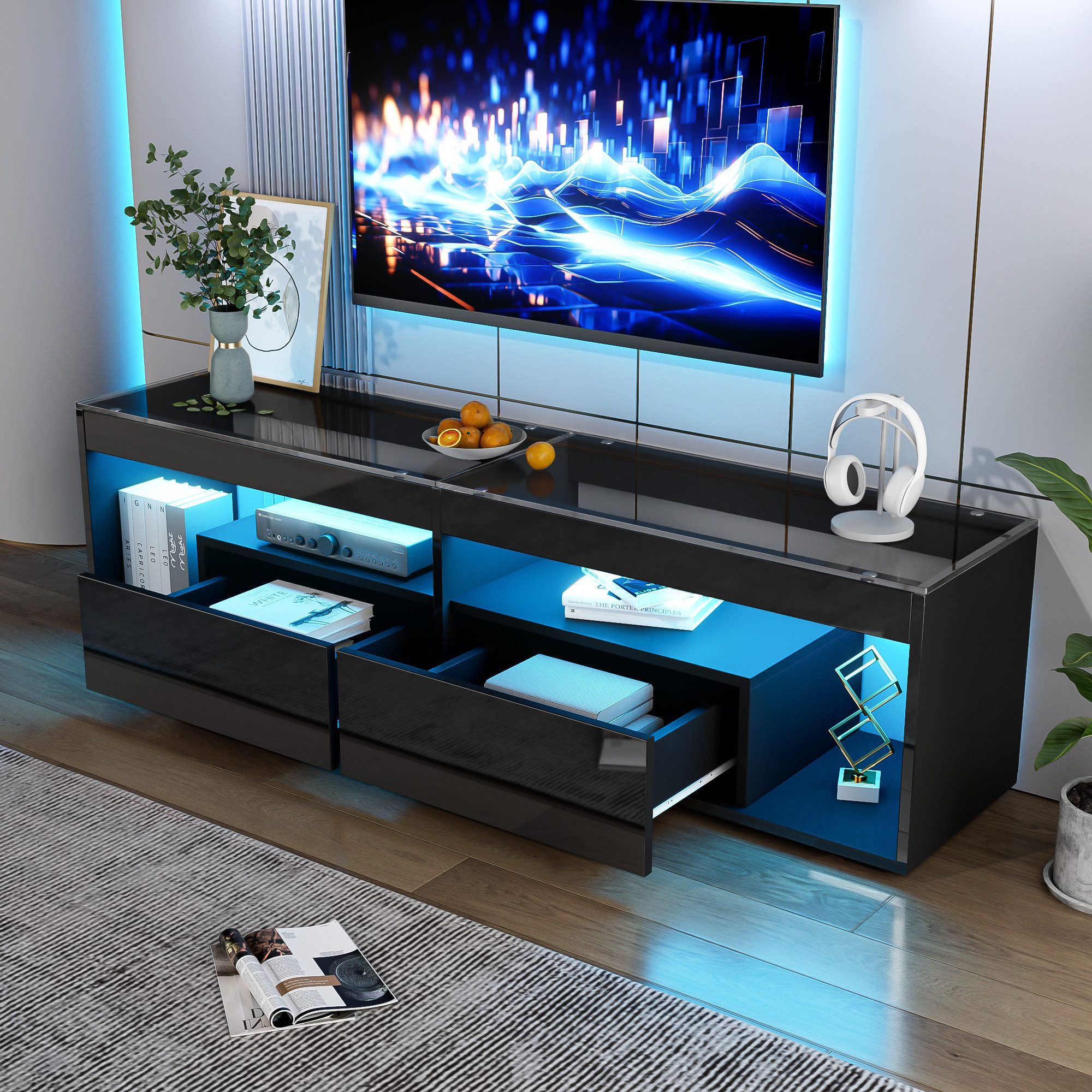 Merax Lowboard hochglanz Schwarz TV-Schrank mit LED (1 St), Fernsehtisch mit 2 Schubladen und Stauraum, 180x40x46cm