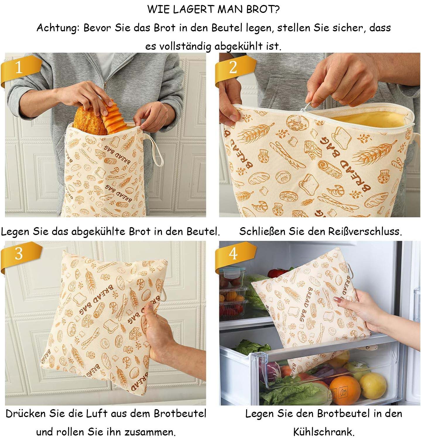 Agger Brottasche 2 Stück Bienenwachs Brotbeutel, wiederverwendbare mit L-Reißverschluss, (2-tlg) – Bild 4 von 5