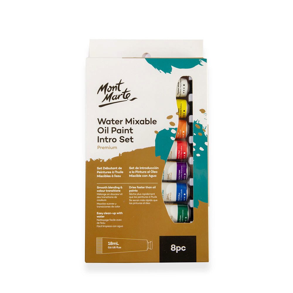 Mont Marte Ölfarbe Wasserlösliche Ölfarben Set – 8 / 36 x 18ml – Ideal für Ölmalerei, vielseitig kombinierbar, Brillante Lichtechte Farben, großer Deckkraft