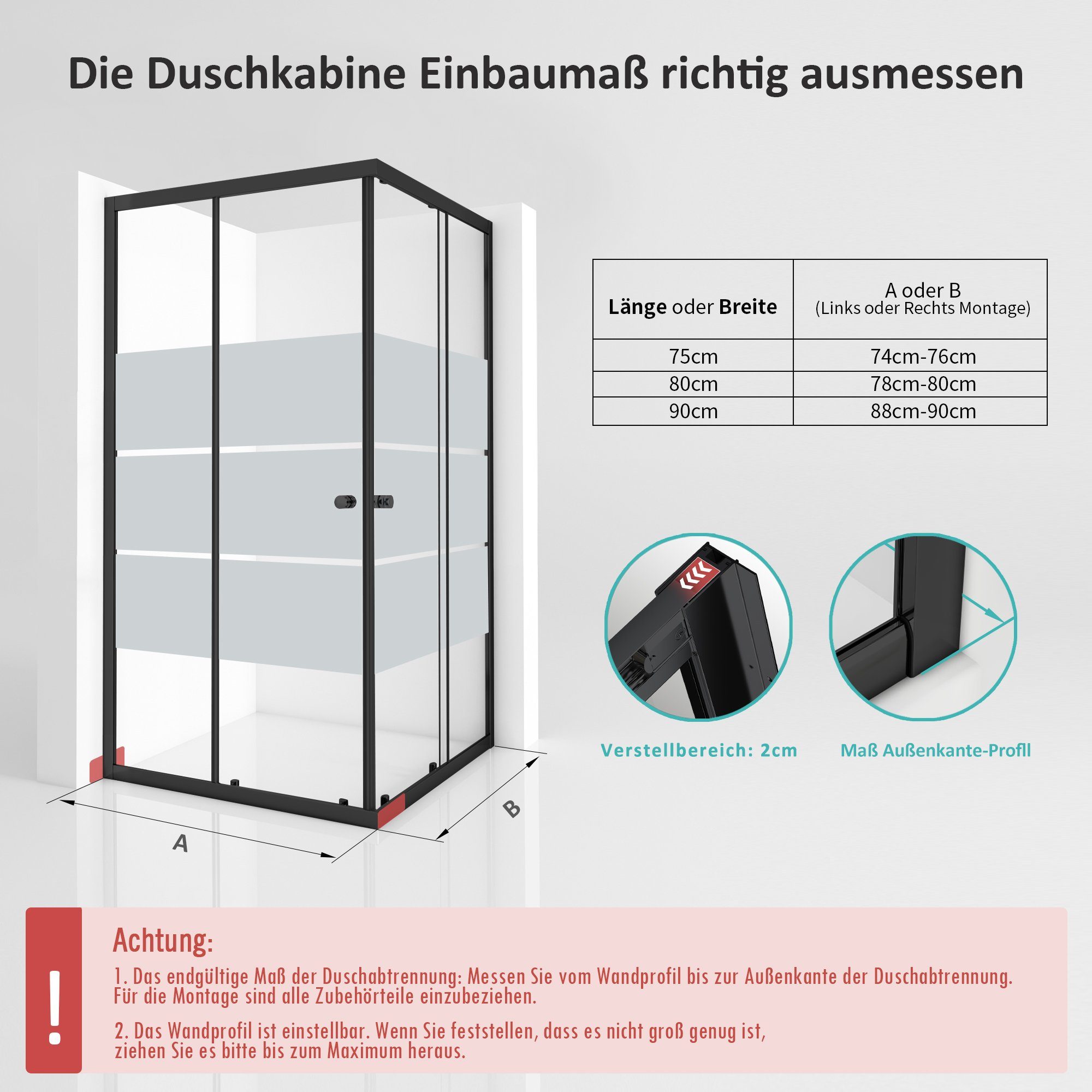 GOEZES Eckdusche 90x90 90x75 80x80 75x75 H:185cm Duschkabine Schwarz Chrom Milchglas, BxT: 75x90 cm, 5mm Sicherheitsglas, Schiebetür Gestreift, mit 16 Türrollen, Alurahmen, Aluprofile, Magnetdichtleisten