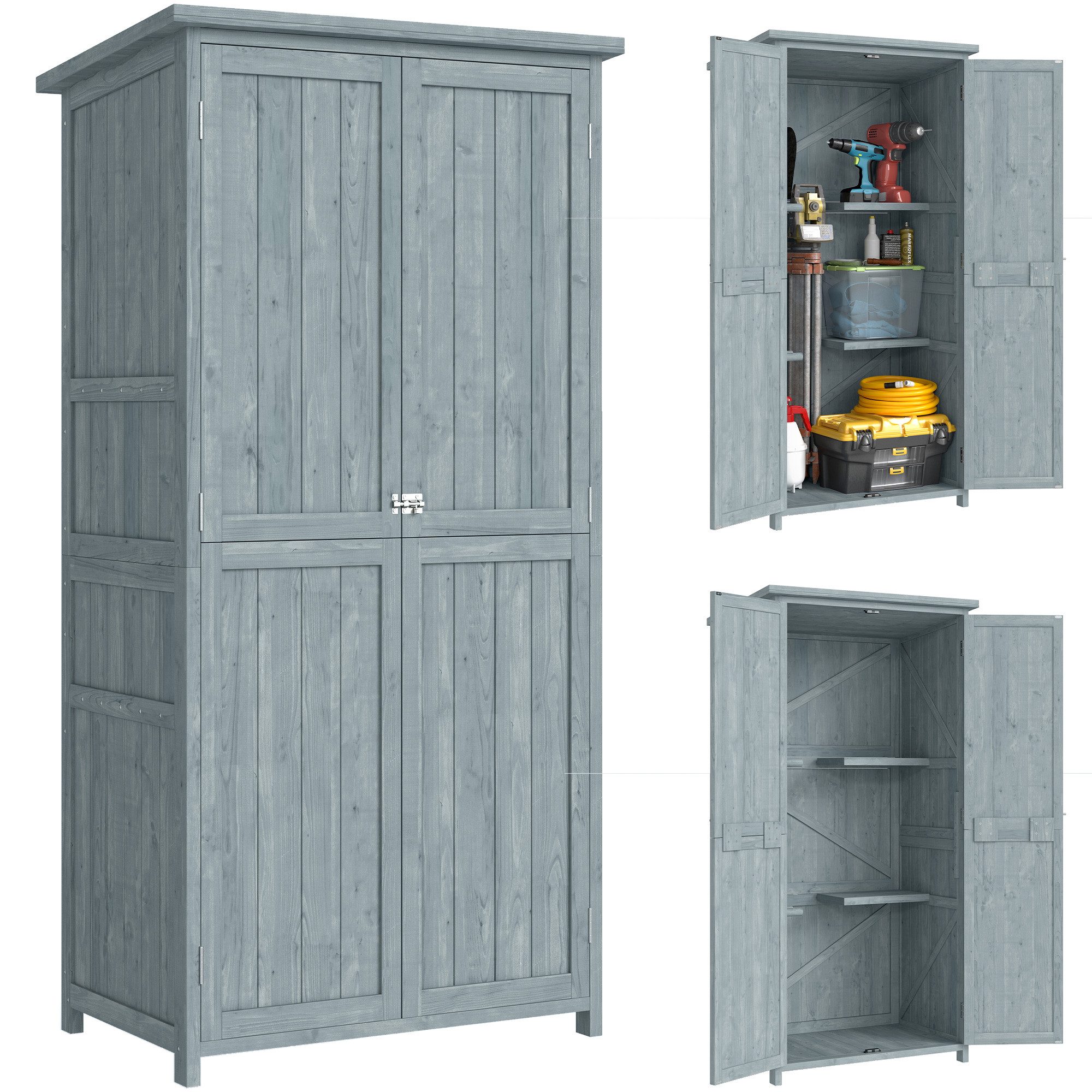 Outsunny Garten-Geräteschrank Outdoor wetterfest Mehrzweckschrank mit Doppeltür, Magnetverschluss, BxT: 85x54 cm, (Outdoor wetterfest Geräteschuppen, 1 St., Holz Gartenschrank), für Garten, Terrrasse 85 x 54 x 170 cm Grau