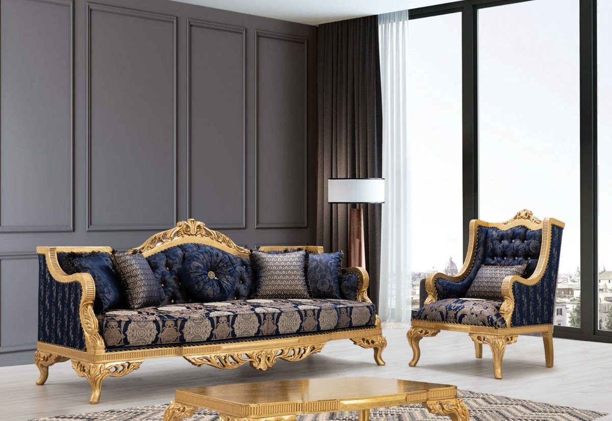 x Glitzersteinen 93 mit cm Gold 228 Barock - Padrino Luxus dekorativen x Wohnzimmer Dunkelblau Barock Sofa H. Kissen Casa und 108 Möbel / Sofa