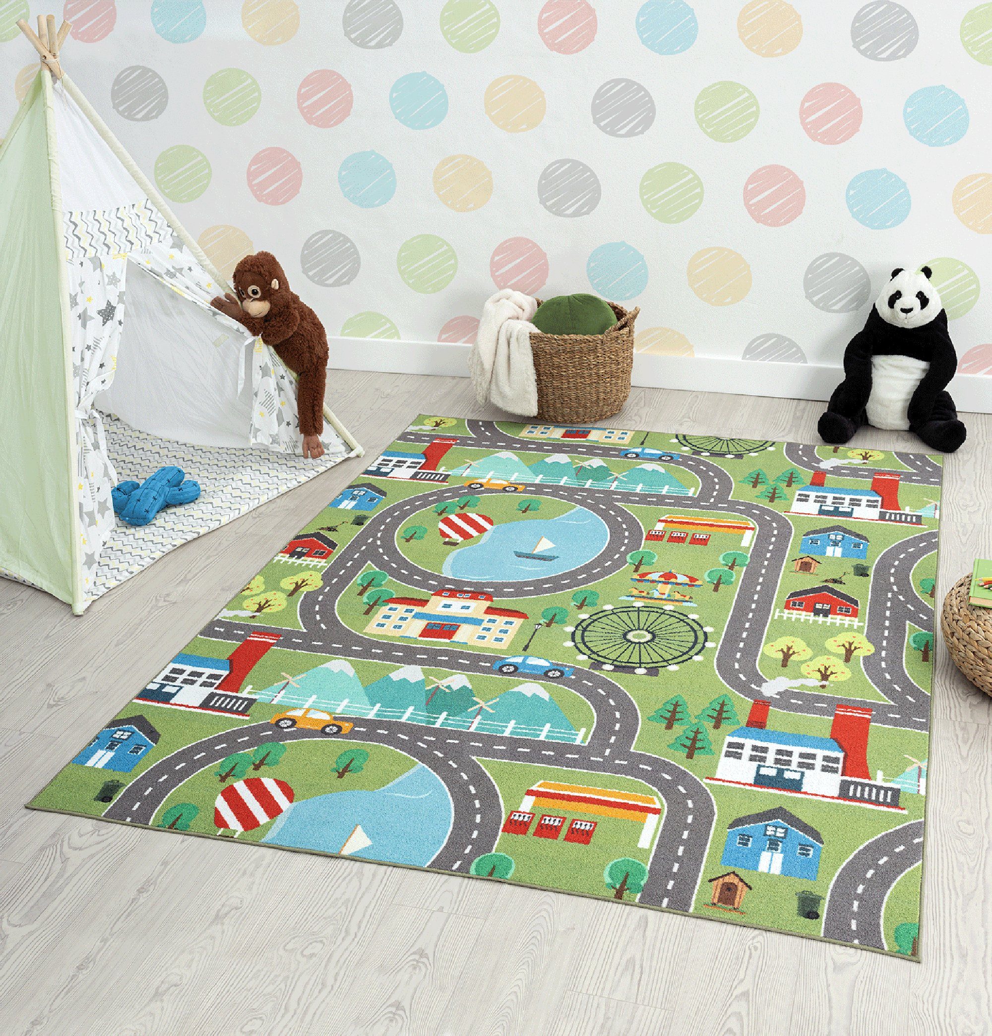 Teppich Happy Life Kinderteppich, Spielteppich, Straßenteppich, the carpet, Quadrat, Anti-Rutsch Unterseite, Bunt und Kindergerecht
