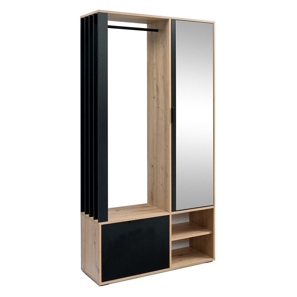 Lomadox Garderobe MINSTER-161, 100 cm breit in Eiche mit Spiegel, Schuhschrank, Kleiderstange, Klappe