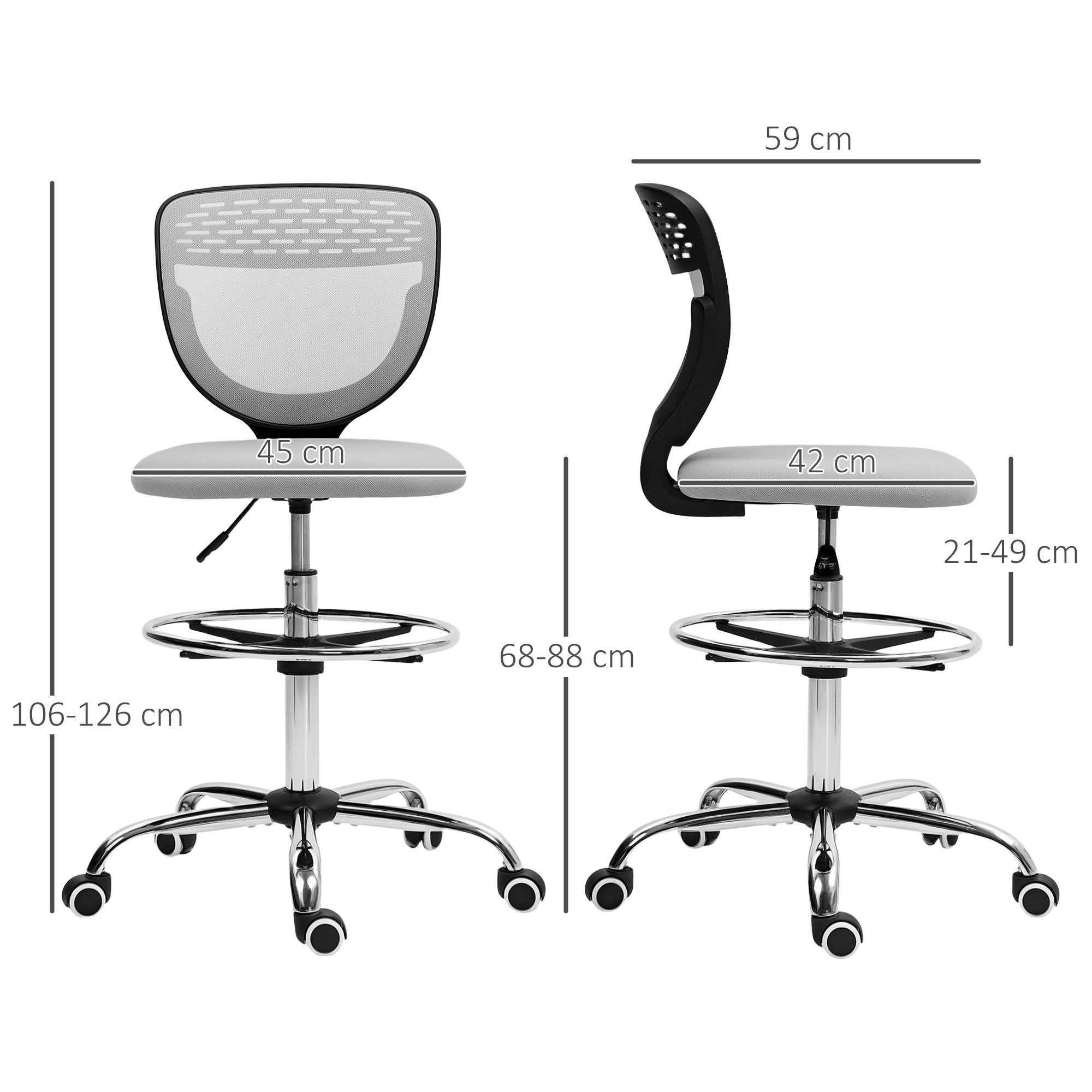 Vinsetto Schreibtischstuhl Bürostuhl Ergonomisch mit verstellbarer Fußring (Computerstuhl, 1 St), mit Netzbespannung, Office Chair, Drehstuhl Hellgrau
