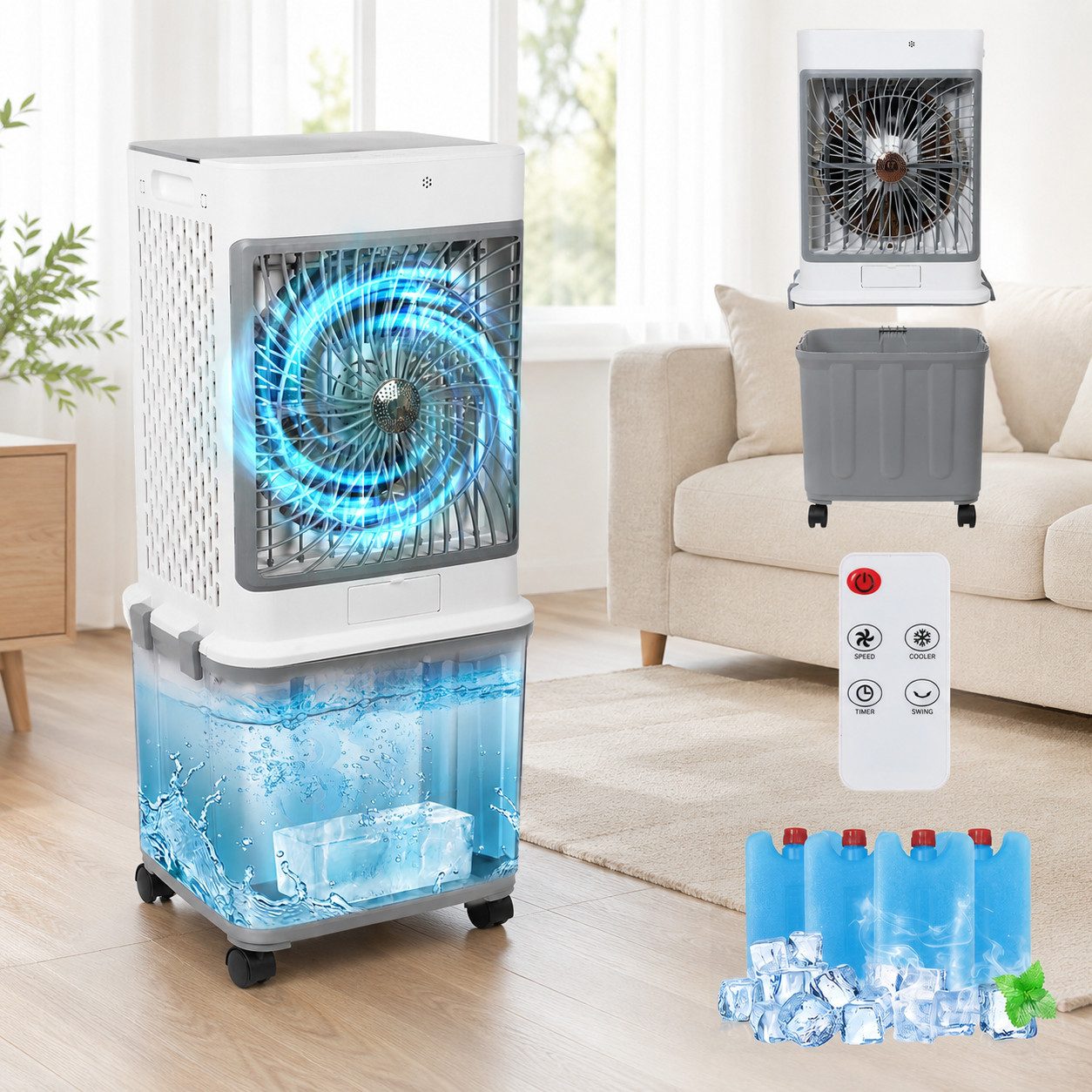 Rosnek Ventilatorkombigerät Mobile Klimaanlage 4-in-1 mit Fernbedienung,32L Wassertank, 30 Std., Luftkühler, ohne Abluftschlauch, 70W leise, für Büro & Schlafzimmer