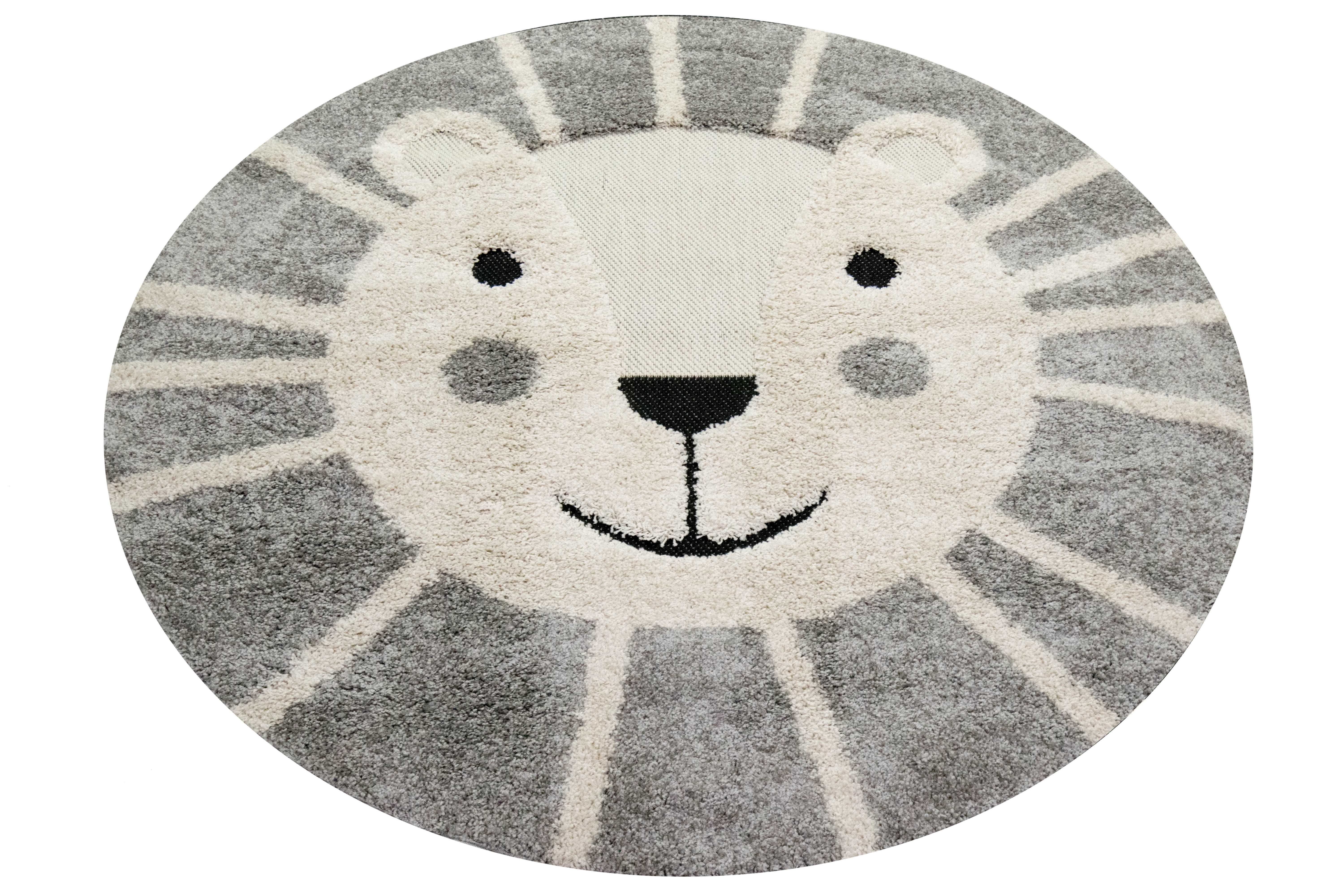 Lächelnder Löwenkopf Kinderzimmer Teppich Outdoor & Indoor weiche Baby Spielmatte Hoch Tief Effekt Weiss grau Creme Größe 160 cm Rund 