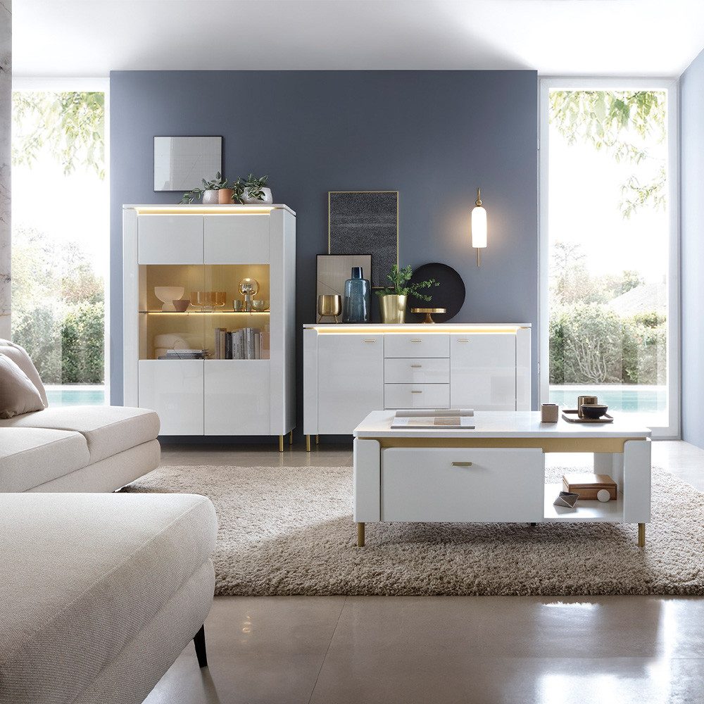 Lomadox Wohnzimmer-Set LUKA-129, (Mega-Spar-Set, 3-St., Sideboard Couchtisch Vitrinenschrank), weiß mit goldfarbenen Akzenten