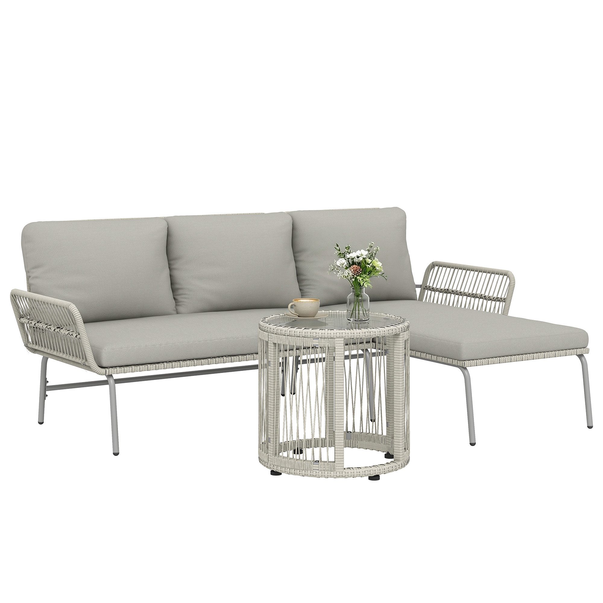 Outsunny Sitzgruppe mit Chaiselongue, Zweisitzersofa, Glastisch, abnehmbar Kissen, (Lounge Set, 3-tlg., Polyrattan Gartenmöbel Set), für Garten Terrasse Balkon Hellgrau