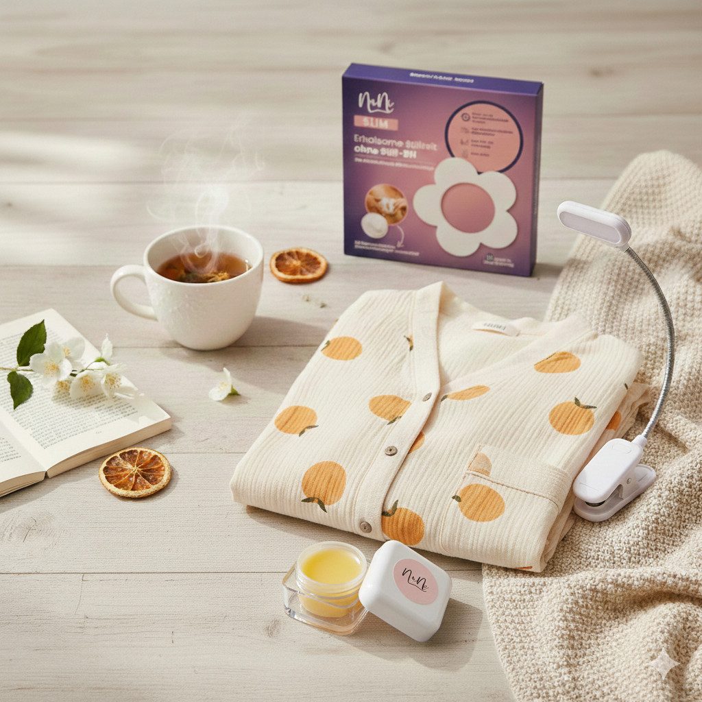 NuNi Erstausstattungspaket Schlummer-Stillset, das perfekte Geschenk zur Geburt für die Mama (Set, 1 Pyjama, 1 NuNi Slim, 1 Nachtlicht, 1 Lippenbalsam) seitliche Öffnung zum stillen, mit Orangenprint