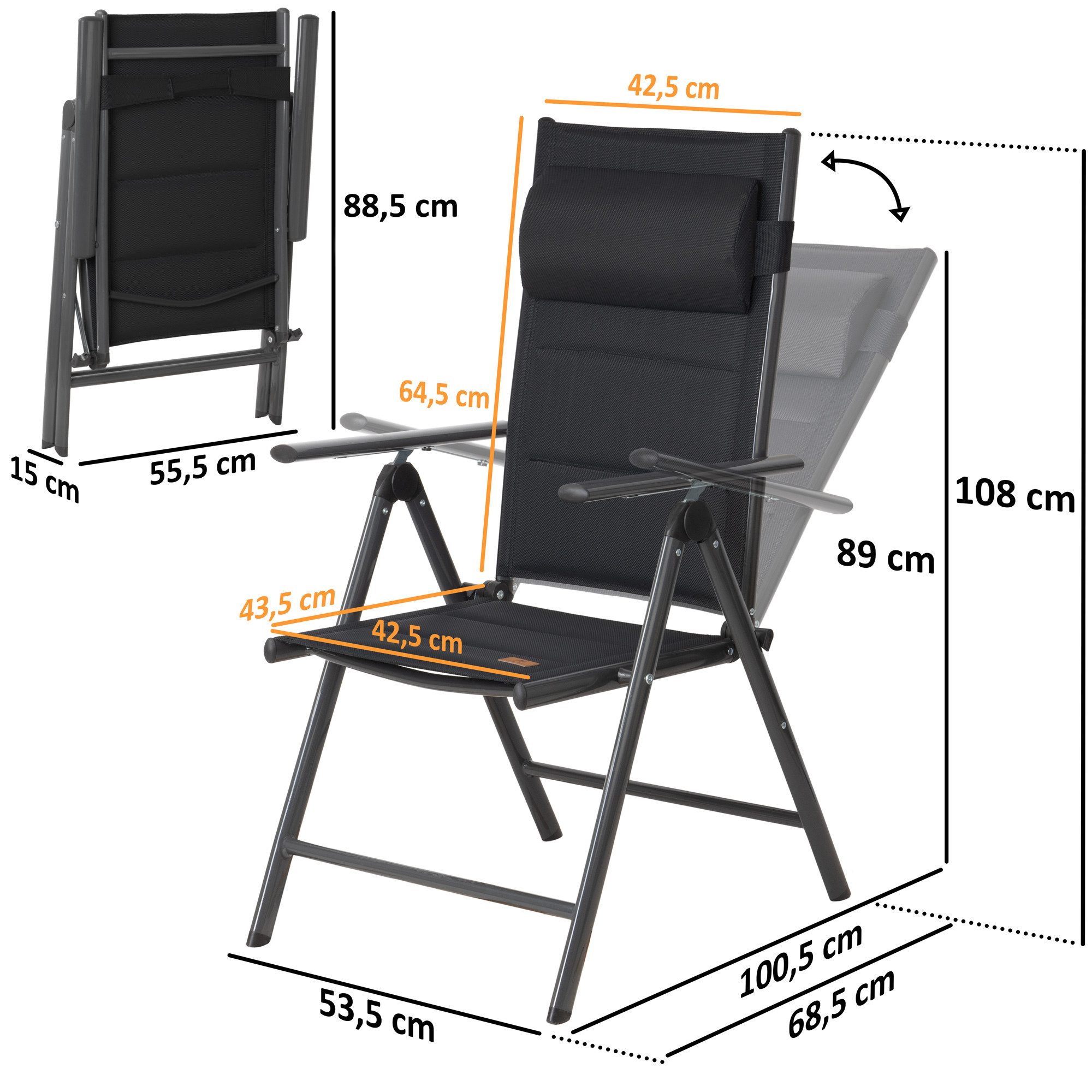 CampFeuer Klappstuhl Campingstuhl, Schwarz, 7-fach verstellbar, Gartenstuhl Hochlehner