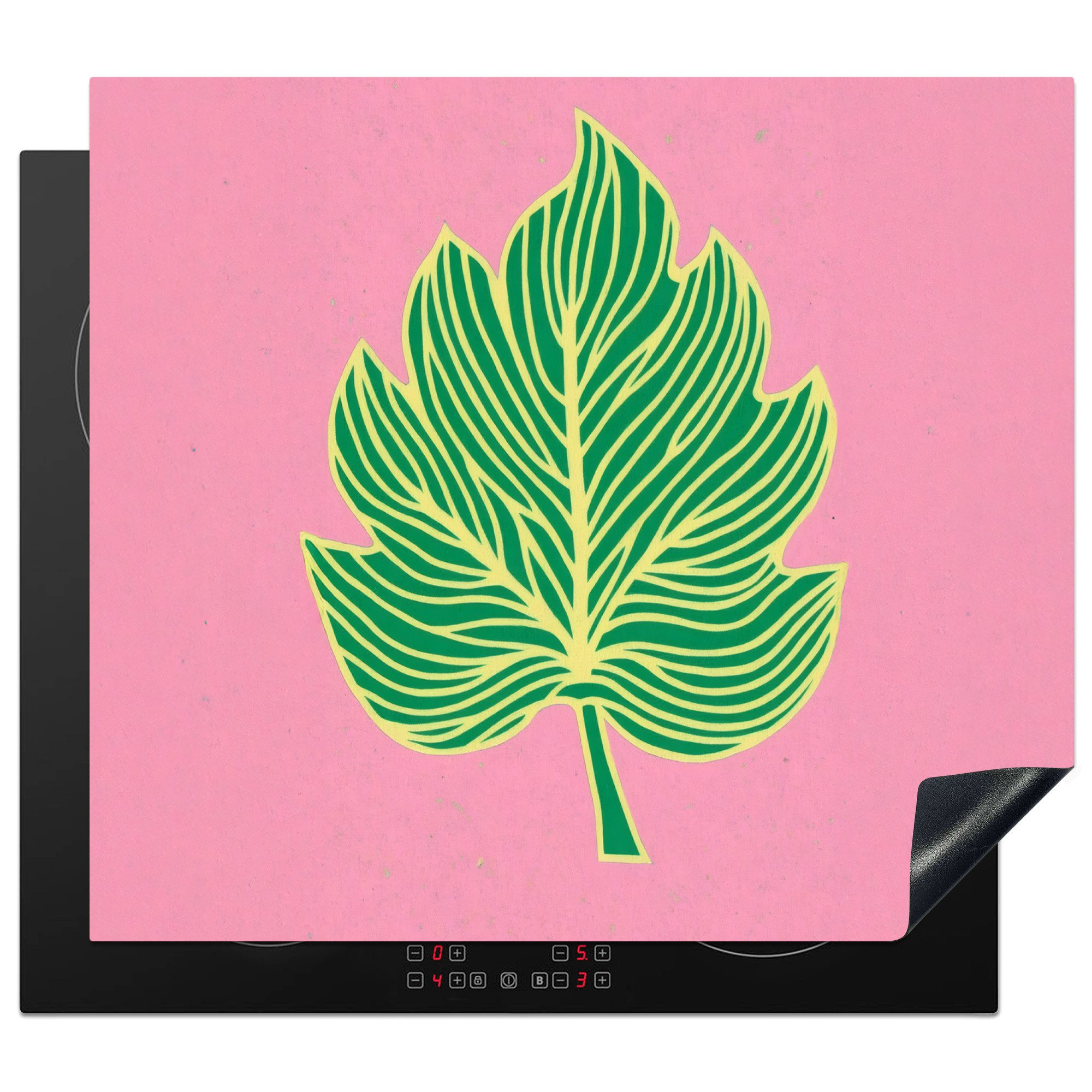 MuchoWow Herd-Abdeckplatte Blatt - Grün - Illustration - Minimalistisch, Vinyl, (1 tlg), Cerankochfeld Abdeckung, Herd Abdeckplatten Vinyl, 58.3x51.3 cm