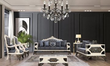 Casa Padrino Sessel Casa Padrino Luxus Barock Sessel Blau / Weiß / Gold - Prunkvoller Wohnzimmer Sessel mit elegantem Muster - Luxus Wohnzimmer Möbel im Barockstil - Barock Möbel - Barock Einrichtung