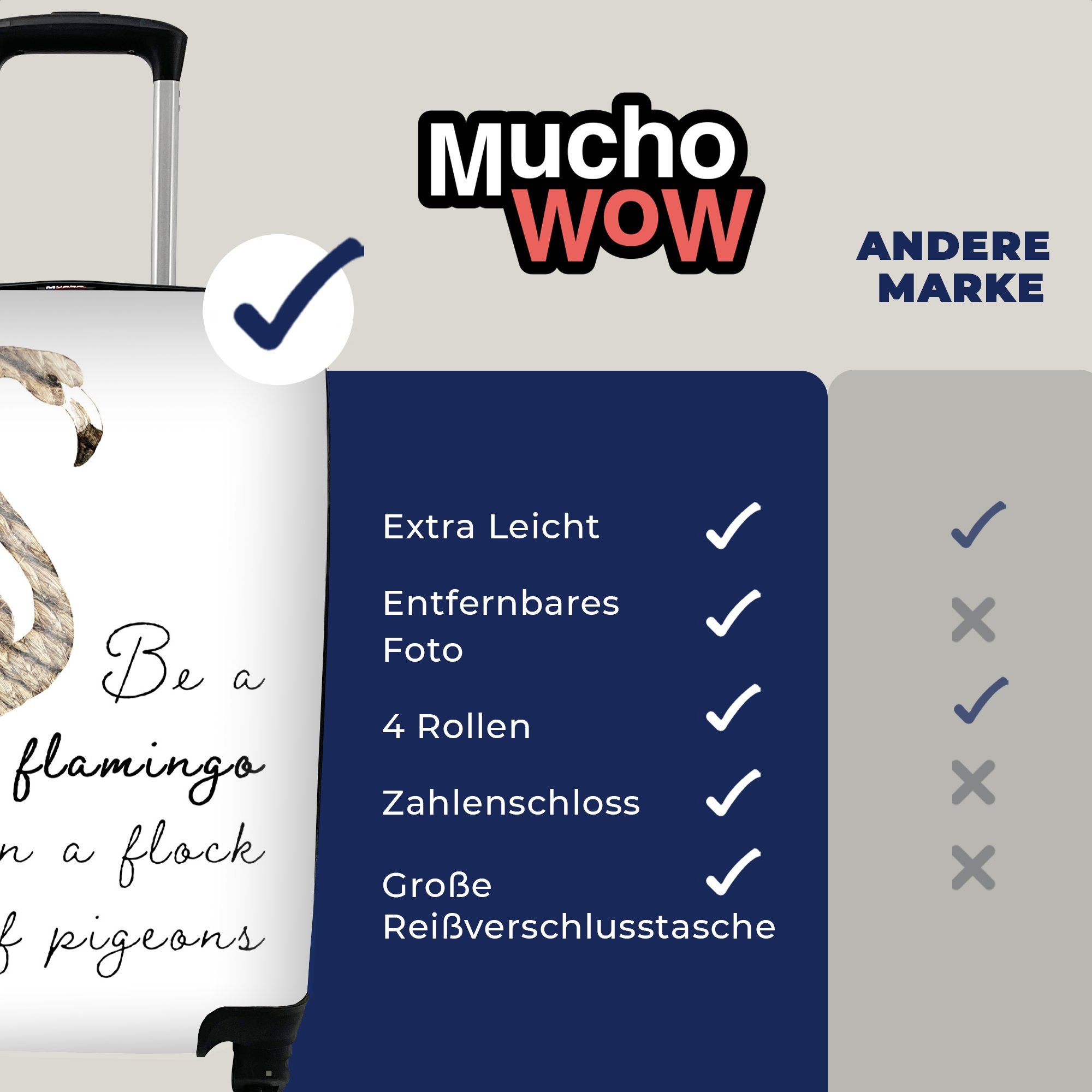 MuchoWow Handgepäckkoffer Flamingo Vogel, für mit Rollen, Federn - Ferien, Reisekoffer - Reisetasche 4 rollen, Handgepäck Trolley