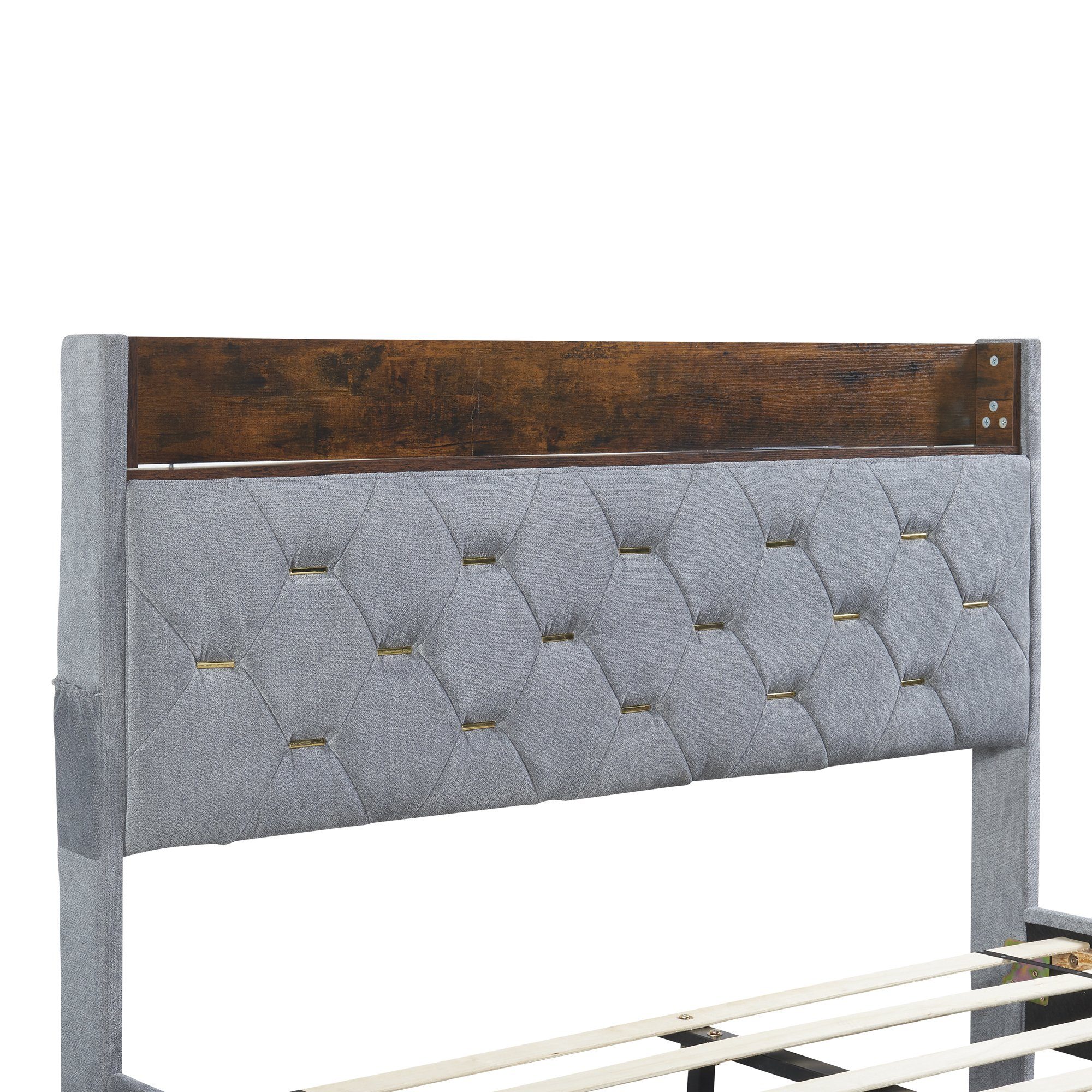 Polsterbett (Doppelbett 140x200cm mit Lattenrost), mit Stauraum am Kopfteil und USB-Anschluss, Bezug aus Samt