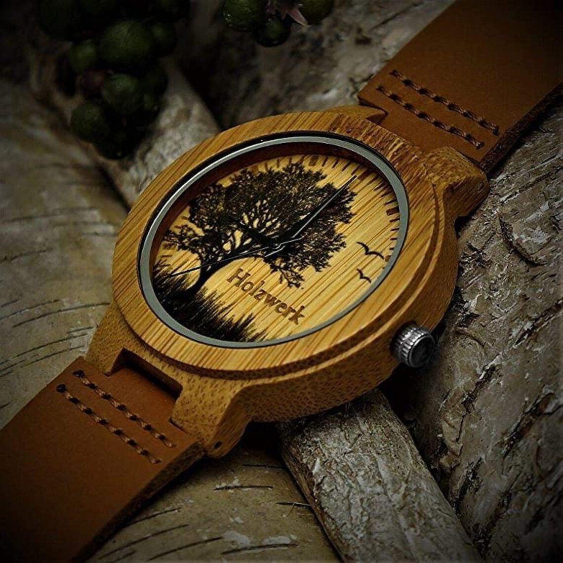 Holzwerk Quarzuhr FORST Damen & Herren Holz Armband Uhr mit Baum Muster, braun, beige