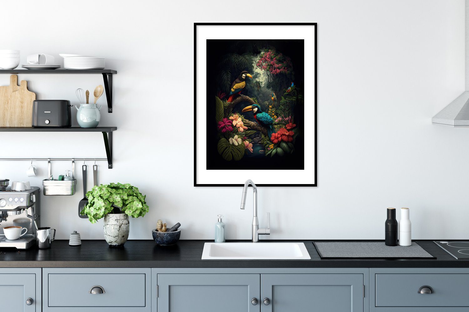 MuchoWow Poster Blumen - Vogel Gerahmtes - Dschungel - Pflanzen, Poster, Bilderrahmen St), Bilder, Wandposter, (1 Schwarzem Wanddeko