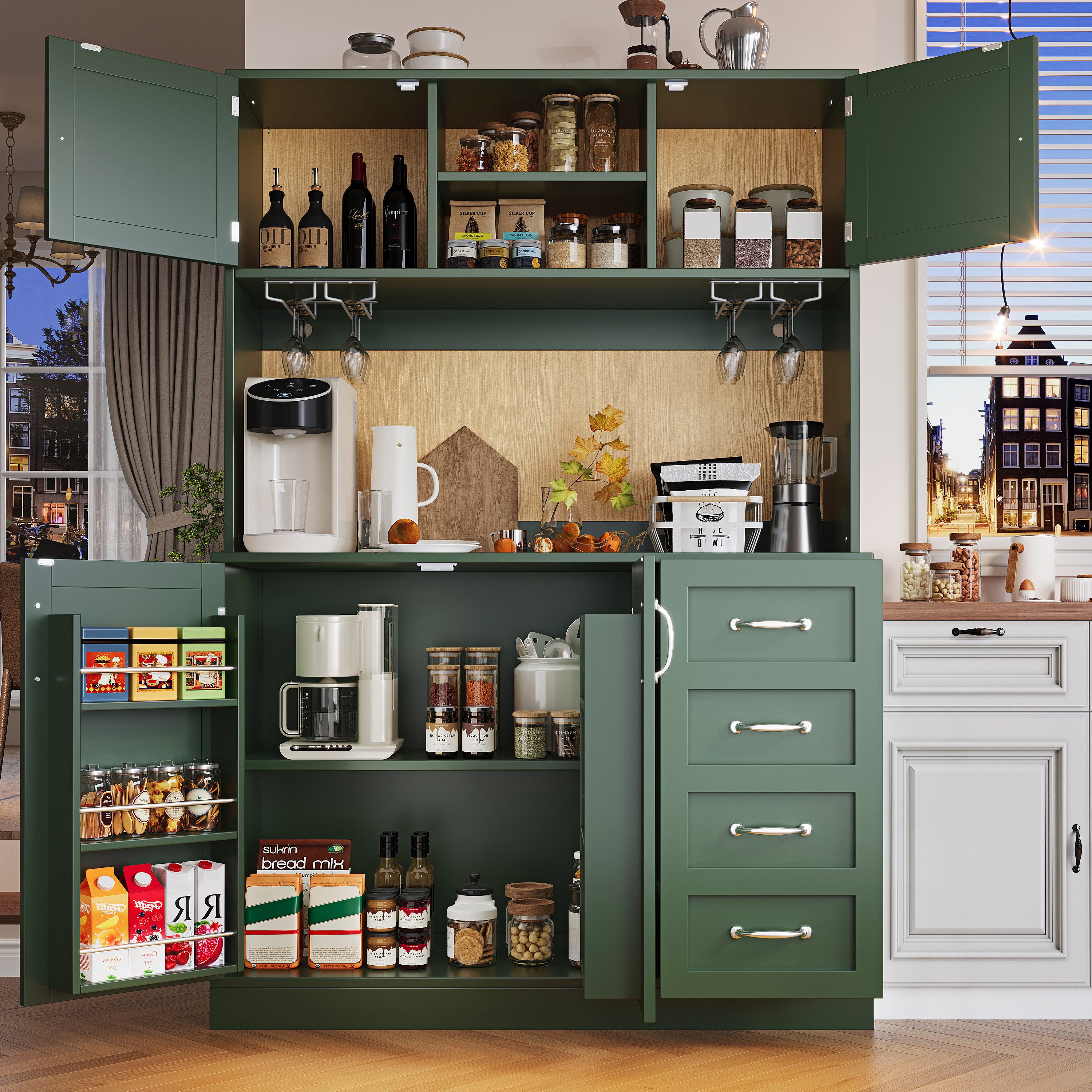 Flieks Küchenbuffet mit LED-Beleuchtung, Gläserhalter, Schubladen und Türablagen (1-St., B120/T40/H188 cm) Hochschrank Küchenschrank Geschirrschrank mit Arbeitsplatte Grün