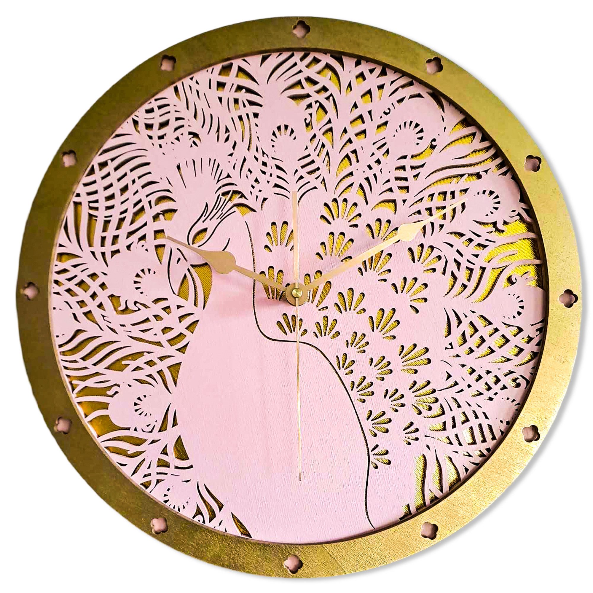 ORNAMENTI Wanduhr Pfau, Boho, Grosse, vintage, dekorative, hingucker Wanduhr, holz (Vogel, Handmade, retro, ohne Ticken, Wanddeko, 3 Größen 40, 50, 60 cm)