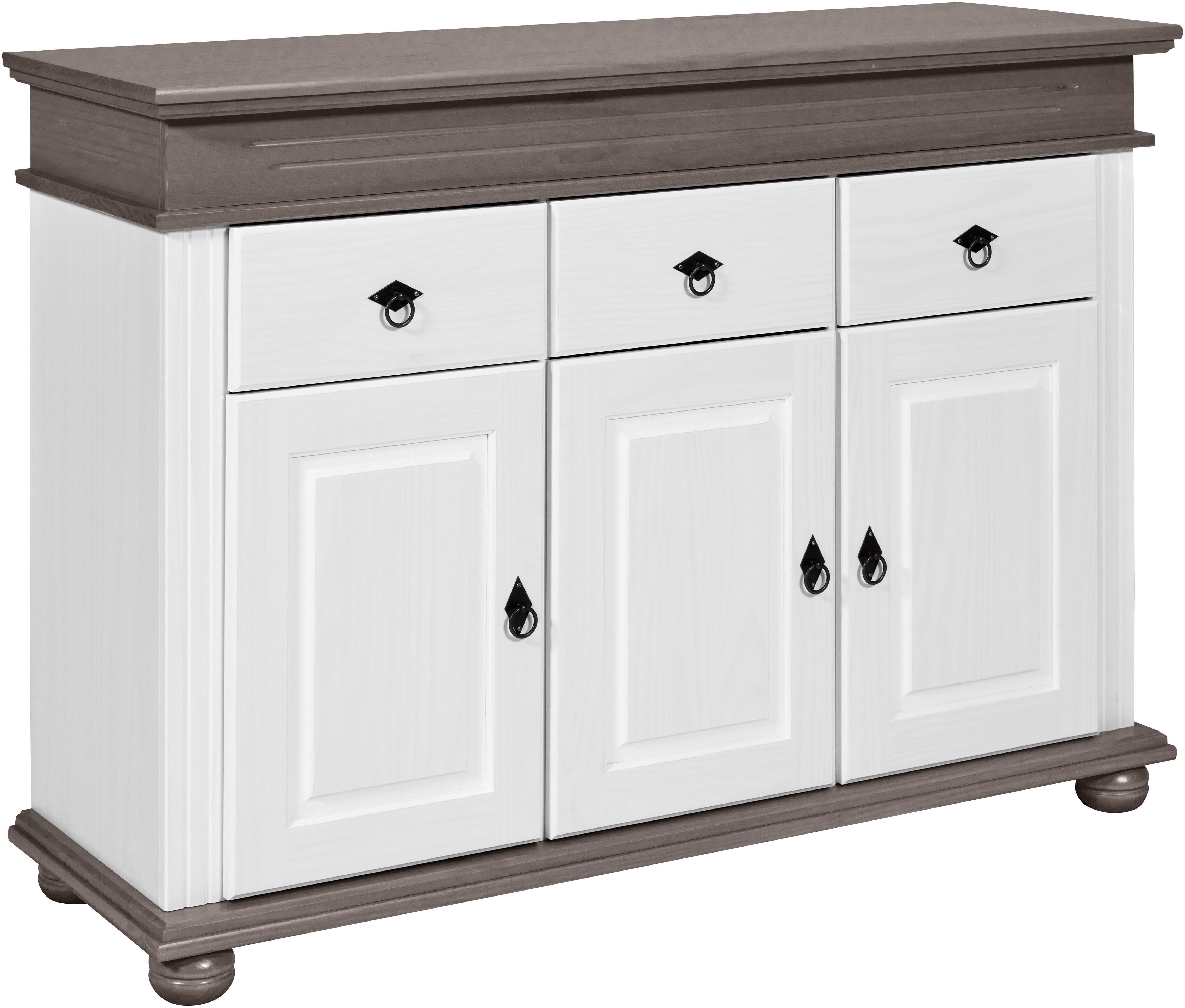 Inter Link Anrichte Halmaro, Kiefer Massivholz, Soft-close, 141 x 46 x 100 cm, Stauraum (1 St), Sideboard in Weiss, Grau/Lava, Landhausstil, 3 Türen, 3 Schubladen