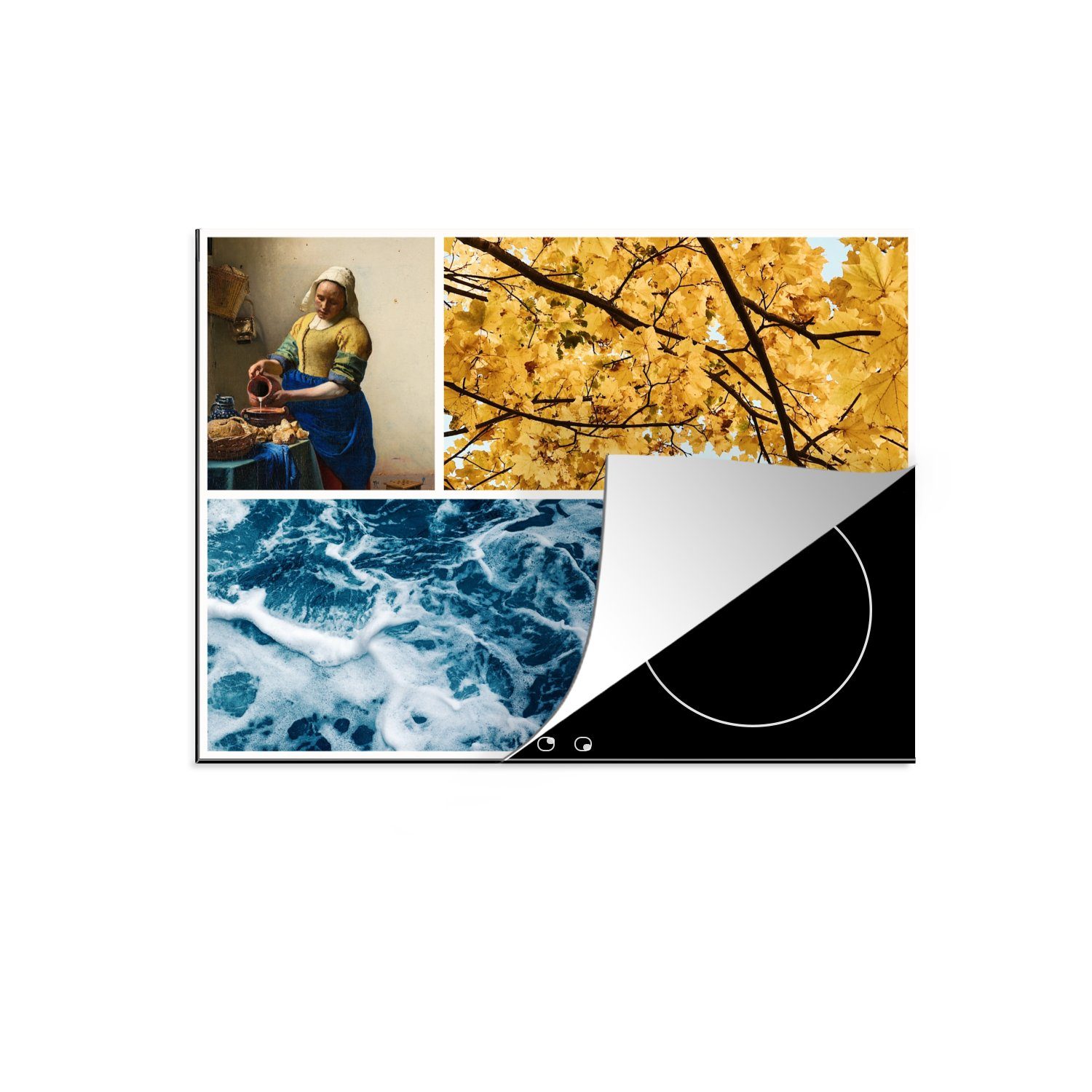 MuchoWow Herdblende-/Abdeckplatte Milchmädchen - Mädchen mit Perlenohrring - Collage, Vinyl, (1 tlg), 71x52 cm, Induktionskochfeld Schutz für die küche, Ceranfeldabdeckung