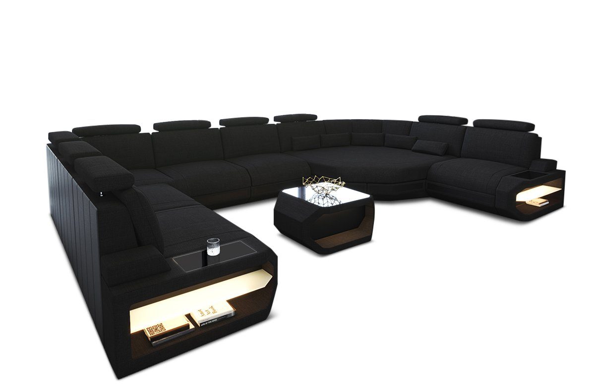 Schwarz-Schwarz USB-Anschluss, Stoff H14 Polster Wohnlandschaft Designersofa Form U Ecke, Dreams mit Couch Sofa Sofa Asti, LED, große Stoffsofa