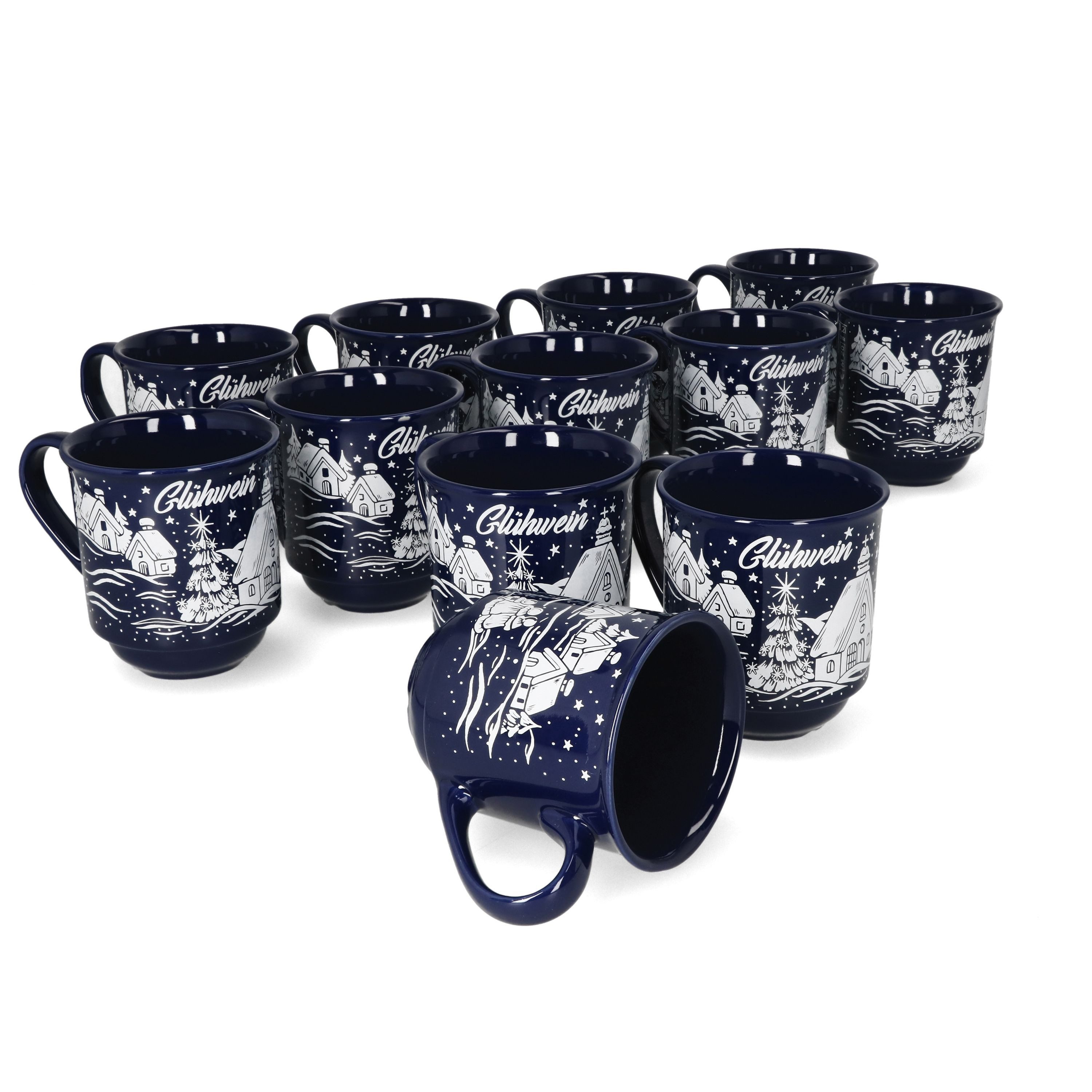 MamboCat Tasse 12er Set Glühweinbecher dunkelblau Weihnachtslandschaft 0,2L geeicht, Keramik, Weihnachtsgeschirr, Weihnachten, Weihnachtsmarkt, Punsch