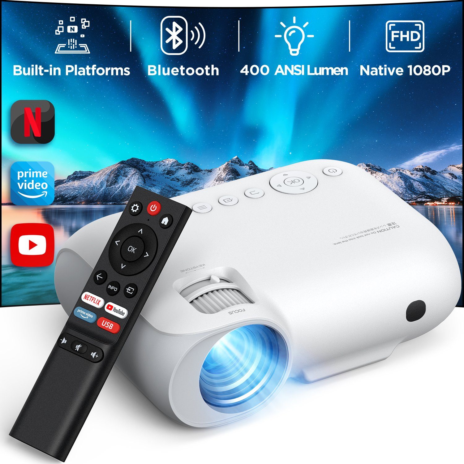 Yoton Netflix/Prime APPs Built-in5G WiFi Bluetooth 4K Beamer (9000:1, 1920x1080 px, 15000 lm, 1920x1080 px, Dolby-Sound, Full HD, Mit Tasche)