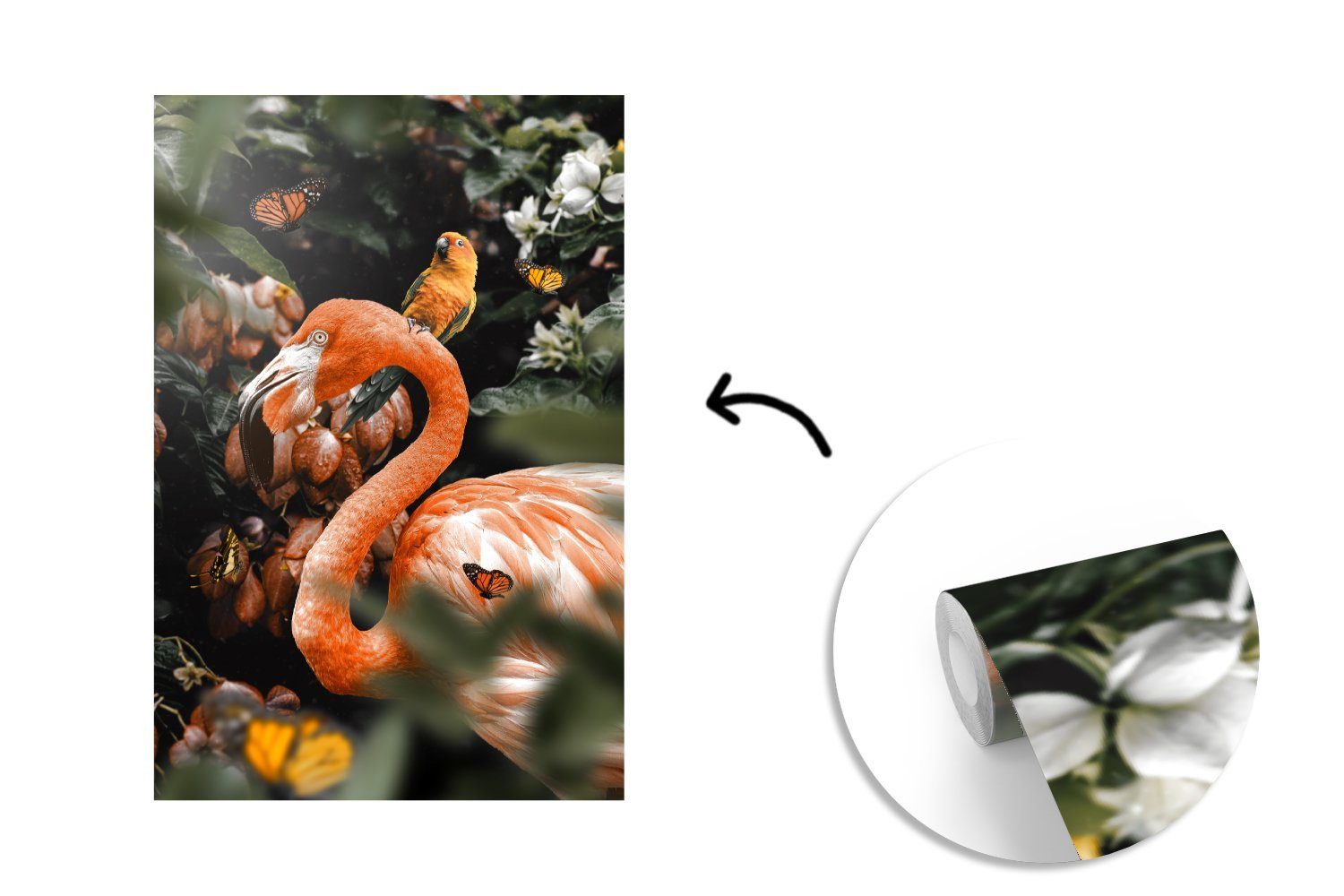 (3 Dschungel Vinyl Tapete Wohnzimmer, St), - bedruckt, Schmetterling, Wandtapete Matt, MuchoWow für Fototapete Flamingo - Papagei - Montagefertig