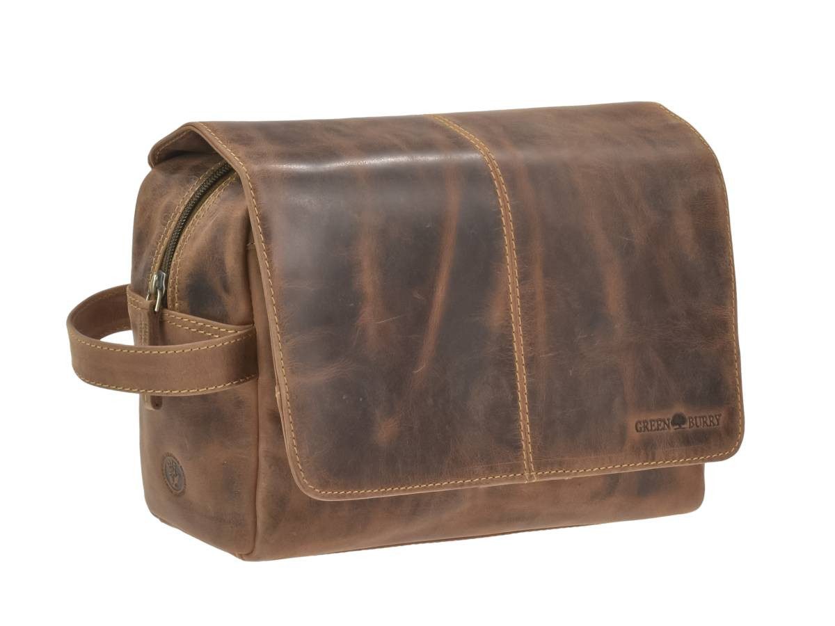 Greenburry Kulturbeutel "Vintage" Leder Kulturtasche zum Aufhängen zum Anhängen antik braun, Kosmetikbeutel, Waschtasche, für Damen und Herren, braun