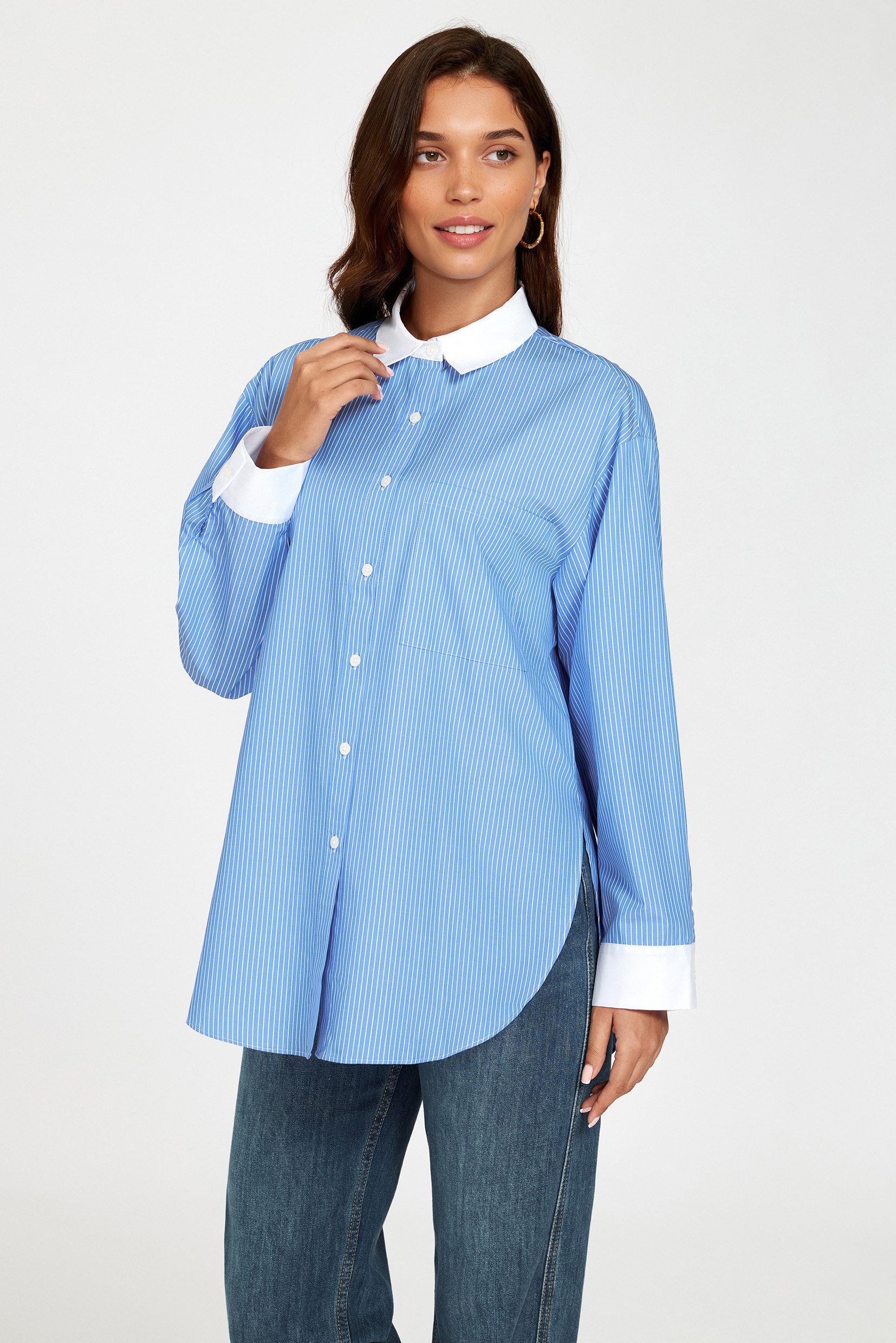FS Collection Hemdbluse Damen Hemdbluse Damenbluse Streifenbluse Oversizebluse Blau (XS (EU:36 / UK:8) · S (EU:38 / UK:10) · M (EU:40 / UK:12) · L (EU:42 / UK:14) · XL (EU:44 / UK:16) 100 % Baumwolle, Oversize-Schnitt, Streifenmuster, Kontrastdetails