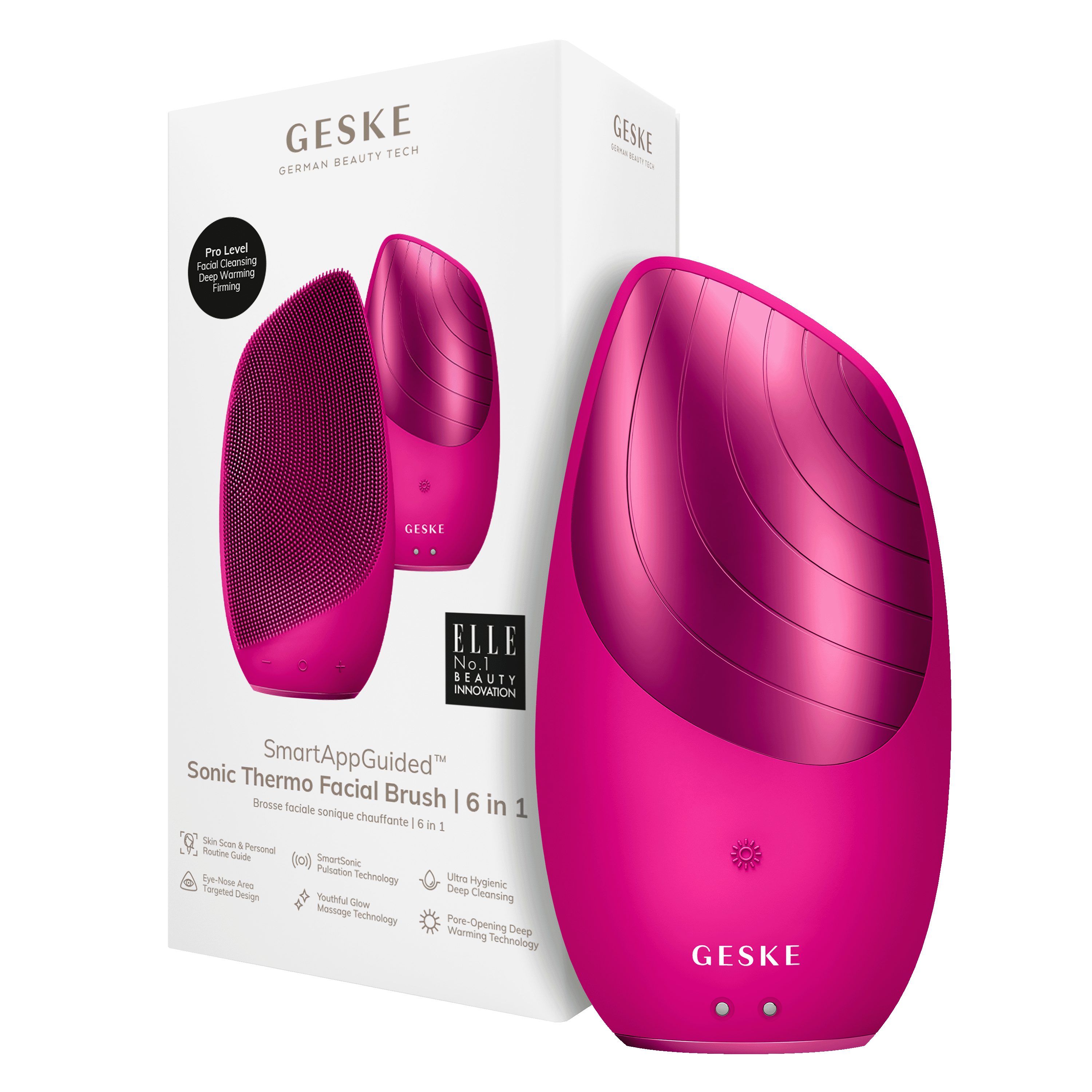 GESKE German Beauty Tech Elektrische Gesichtsreinigungsbürste SmartAppGuided™ Sonic Thermo Facial Brush 6 in 1, Packung (Gerät & USB-Ladekabel), 2-tlg., Gerät inkl. kostenloser APP (SmartAppGuided Device), Anti-Aging Massage-, SmartSonic Pulsation- & Tiefen-Wärme-Technologie Magenta
