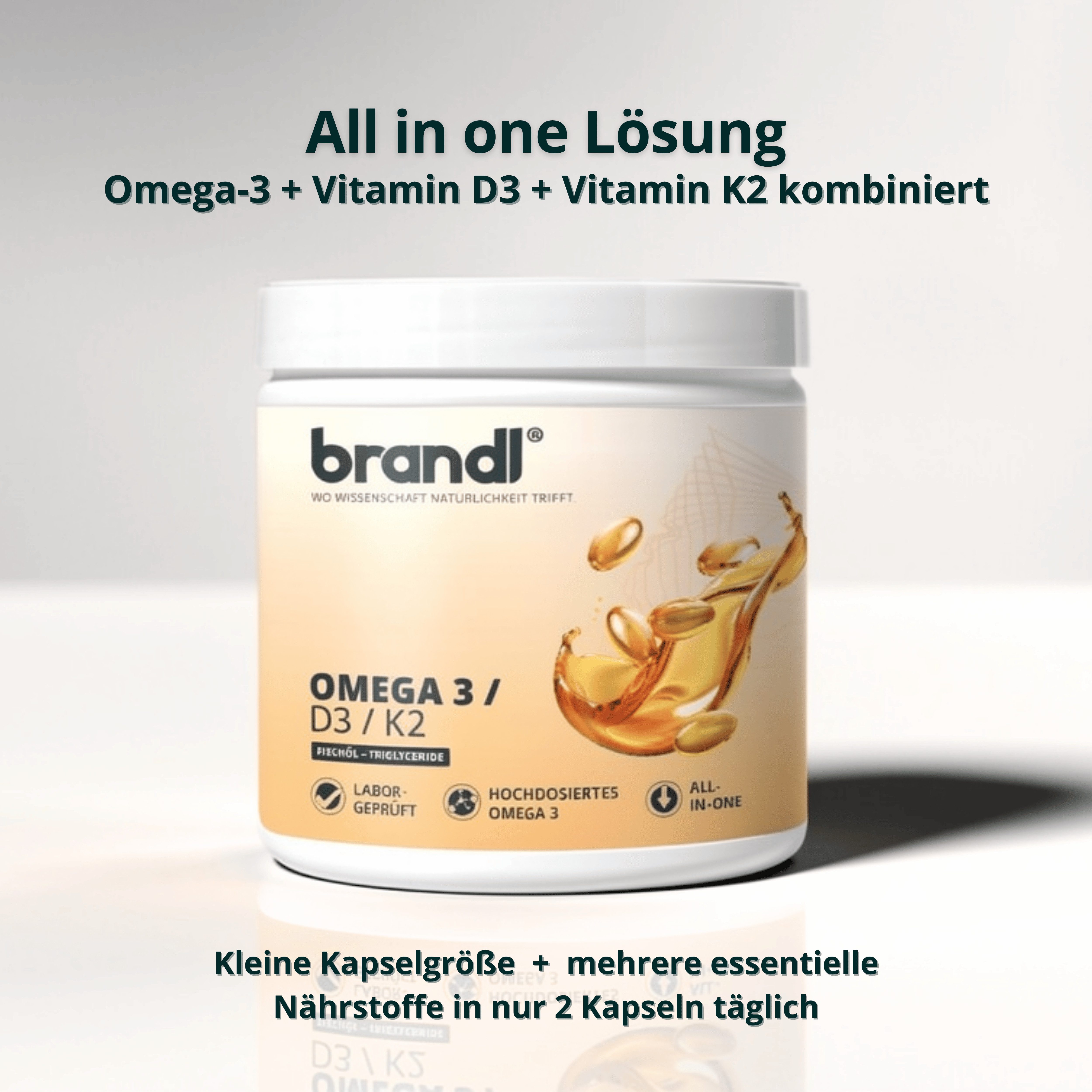 Brandl Nutrition Omega D3 K2 Kapsel hochdosiert, Premium Omega 3 mit Fischöl aus der EU Kapseln, Vitamin D3 aus Flechten, gute Kapselgröße, unabhängig laborgeprüft