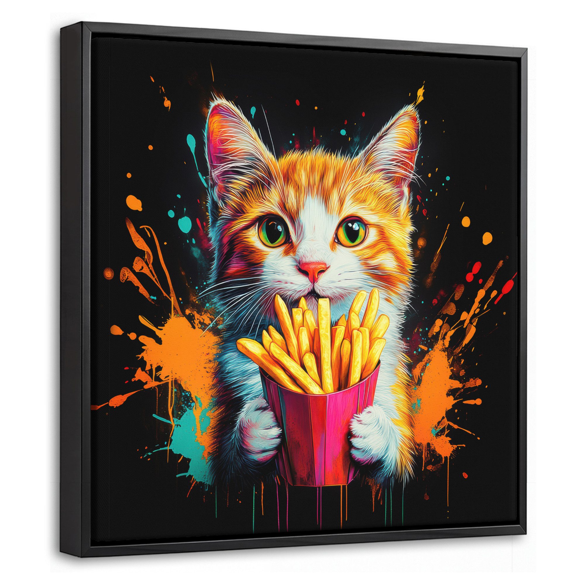 OneMillionCanvasses® Leinwandbild mit Rahmen - Katze - Essen - Pommes frites - Graffiti - Abstrakt, Fotodruck (1 St), Leinwand Bilder Klein, Wand Dekoration Aesthetic 20x20cm