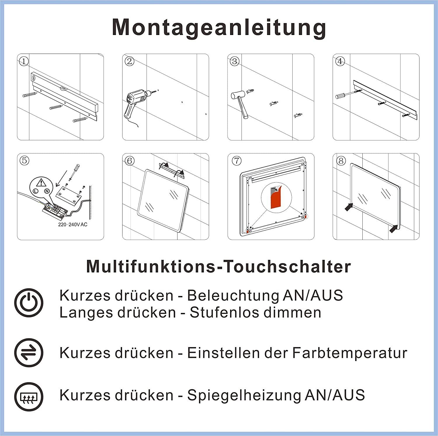 3000K LED Kosmetikspiegel Spiegel Energiesparend Vergrösserung, AQUABATOS Memory-Funktion), Dimmbar, Warmweiß Touch-Schalter, Lichtfarben, Rasierspiegel mit Licht 3 Badezimmerspiegel Fach hochwertiger 4500K 3 cm Beleuchtung 100x70 Badspiegel mit Neutralweiß Kaltweiß 6400K IP44, Aluminiumrahmen, LED-Lichtspiegel Beschlagfrei, (Wandspiegel