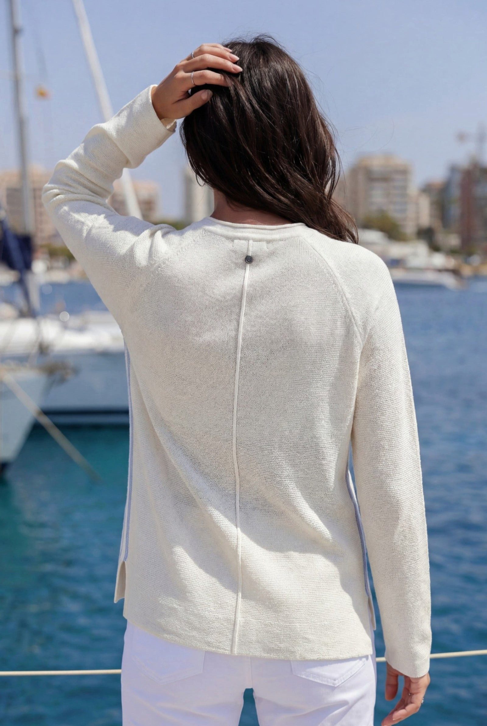 Zaubermond Strickpullover Lockerer Sommer Pullover mit Ziernähten und Kontraststreifen in Weiß