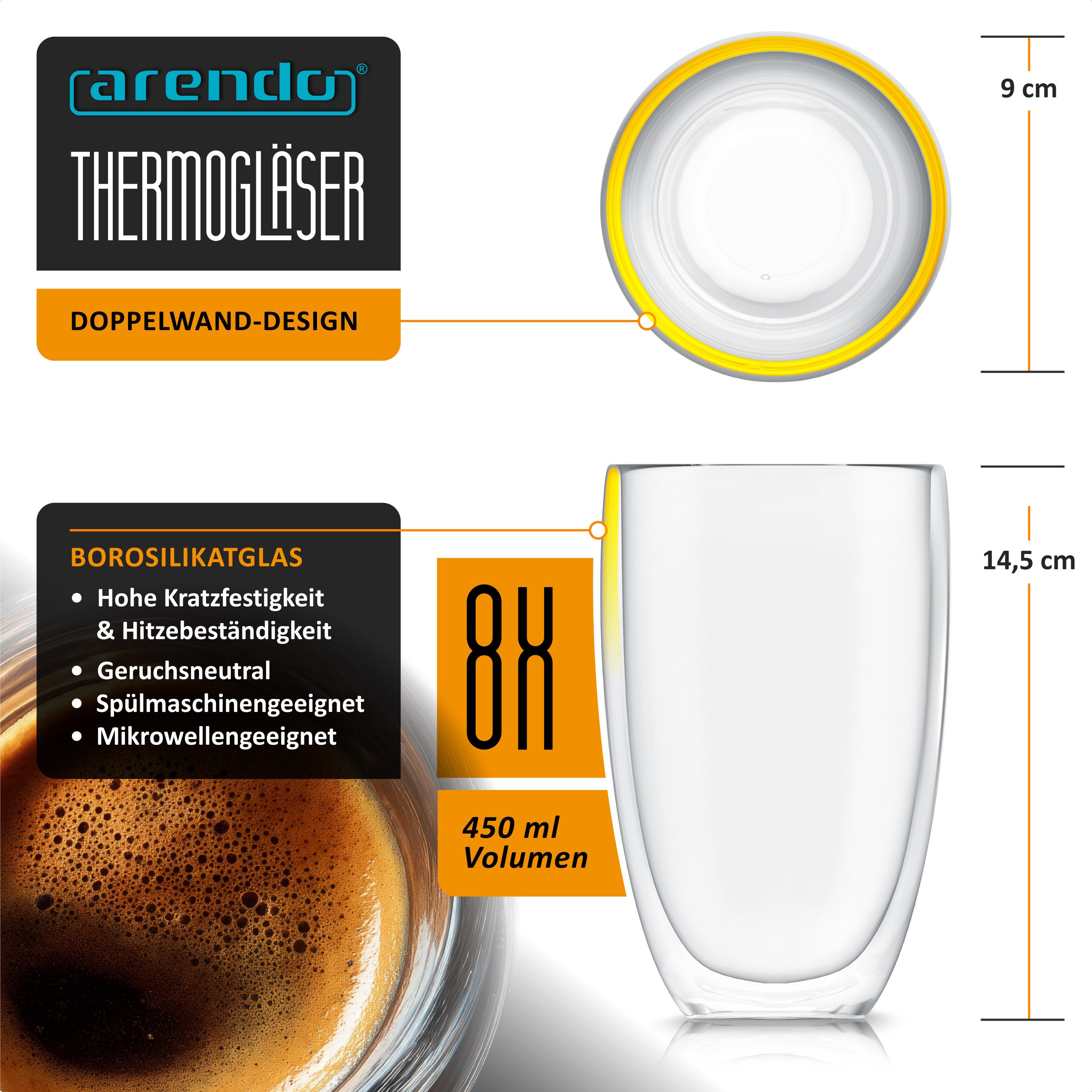 Arendo Gläser-Set doppelwandige Thermogläser, 450 ml Kaffeetasse, Trinkglas ohne Henkel, 8-tlg., Glas, für Latte Macchiato, Cappuccino, Tee, hitzebeständig spül – Bild 2 von 5