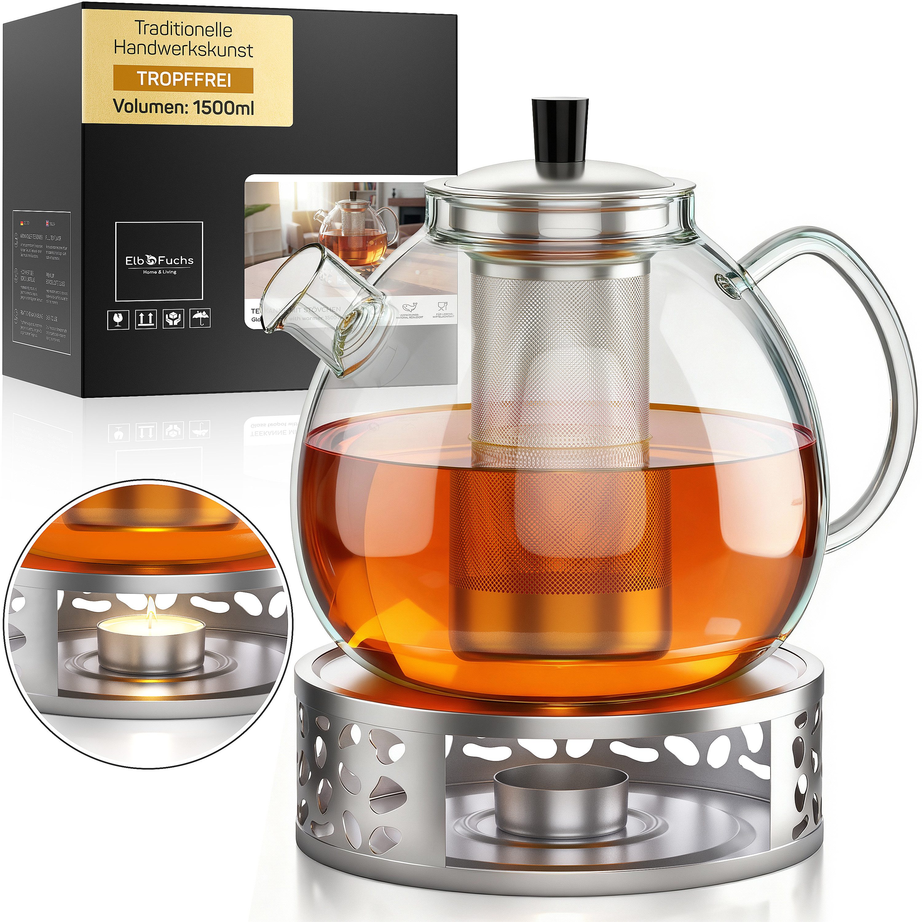ElbFuchs Teekanne mit Siebeinsatz und Stövchen, 1,5 l, (Set), herausnehmbarer Edelstahl-Filter, tropffreier Ausguss