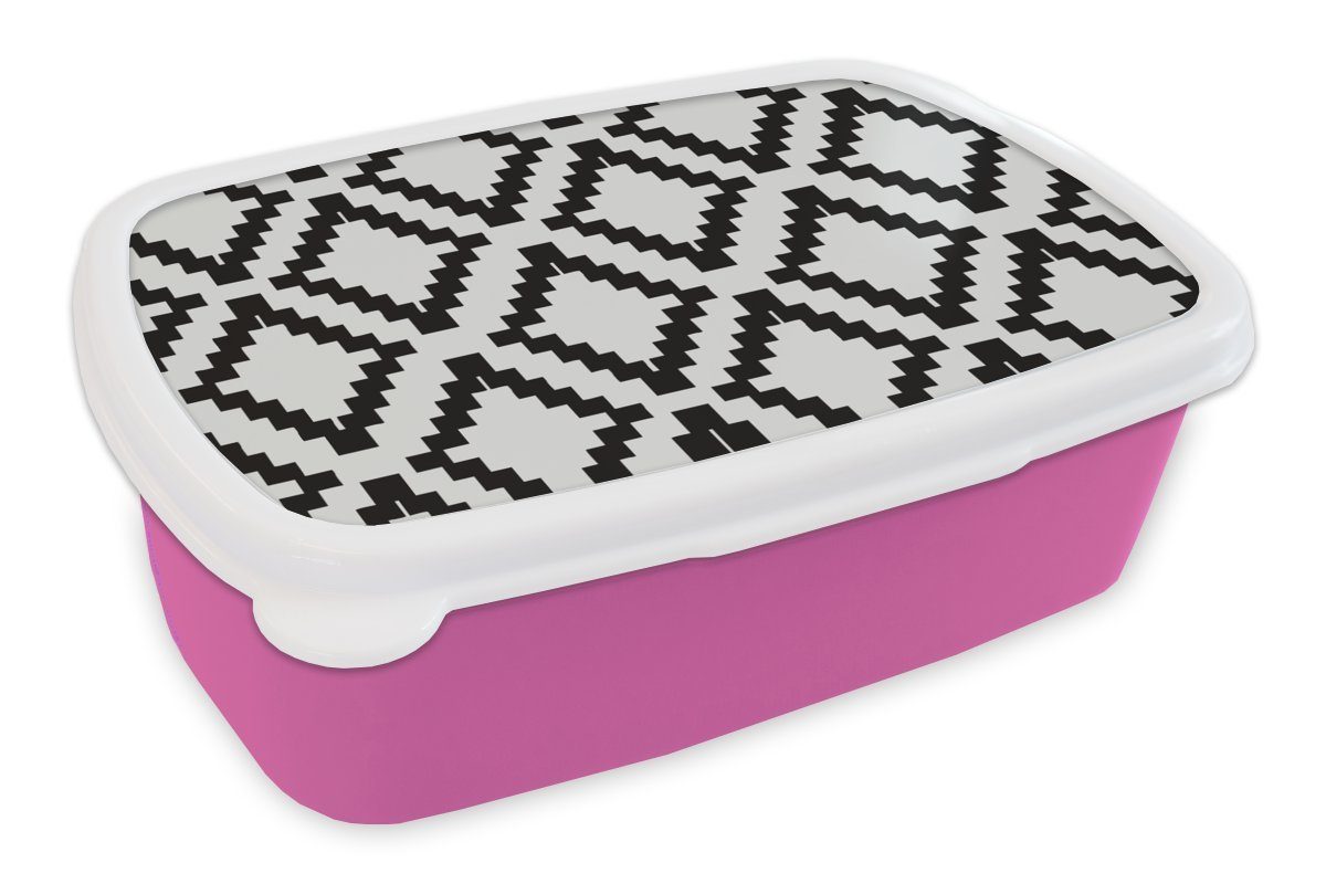 MuchoWow Lunchbox Muster - Schwarz - Weiß - Luxus, Kunststoff, (2-tlg), Brotbox für Erwachsene, Brotdose Kinder, Snackbox, Mädchen, Kunststoff rosa