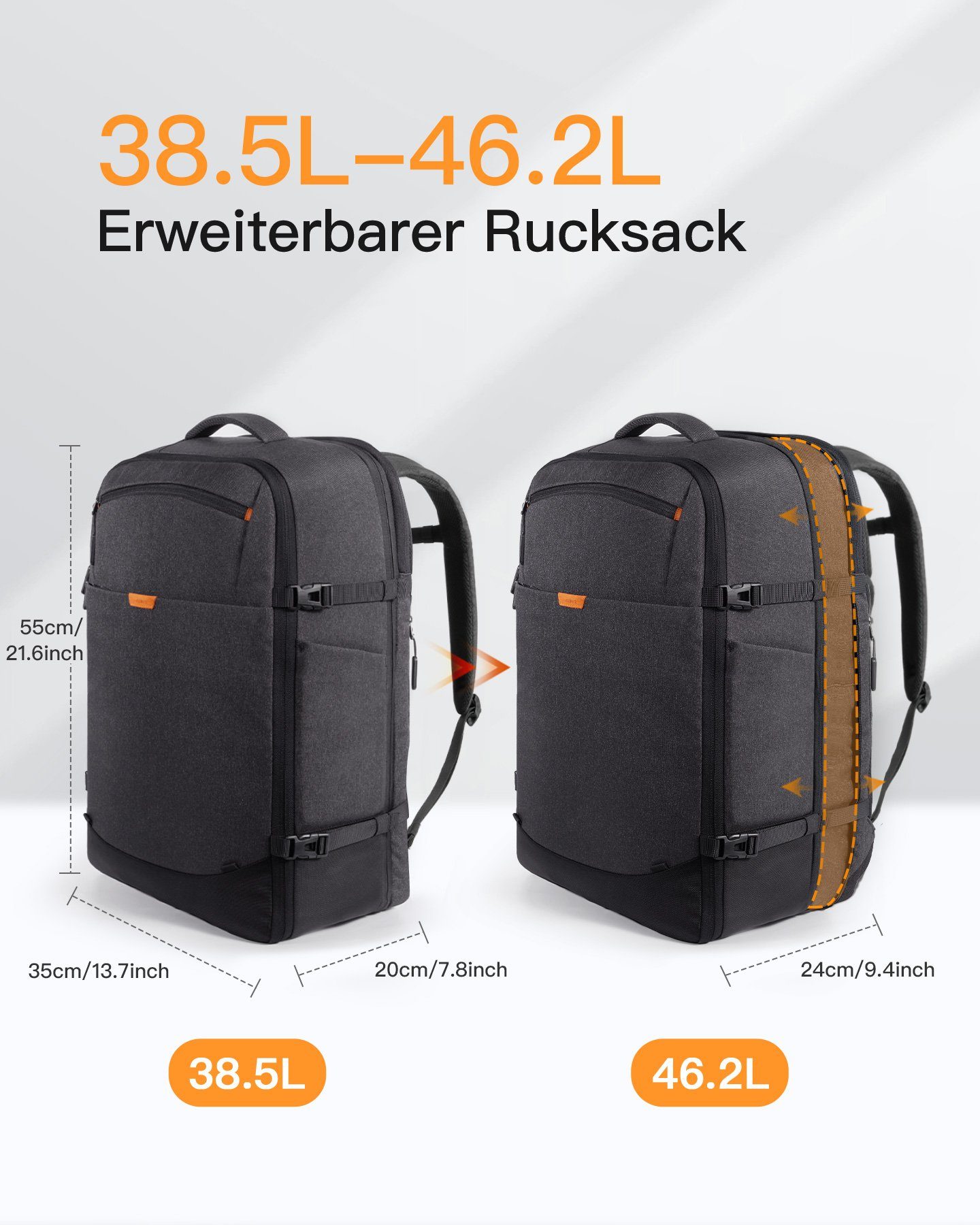 Inateck Reiserucksack 38-46L erweiterbarer Handgepäck Rucksack, wasserdicht – Bild 2 von 5