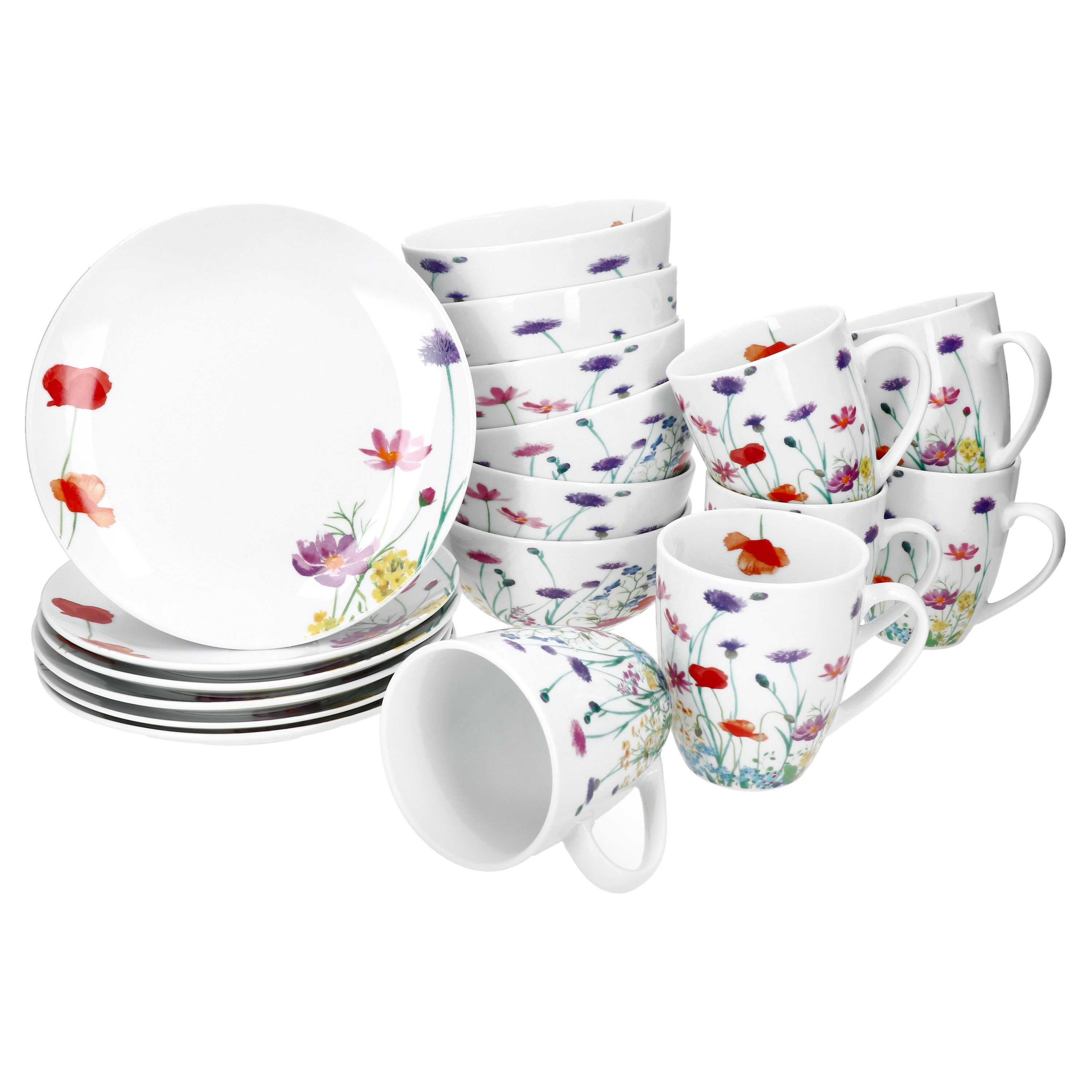 MamboCat Frühstücks-Geschirrset 12tlg Frühstücksset Marie Porzellan 6 Personen Teller Becher Schale, Porzellan
