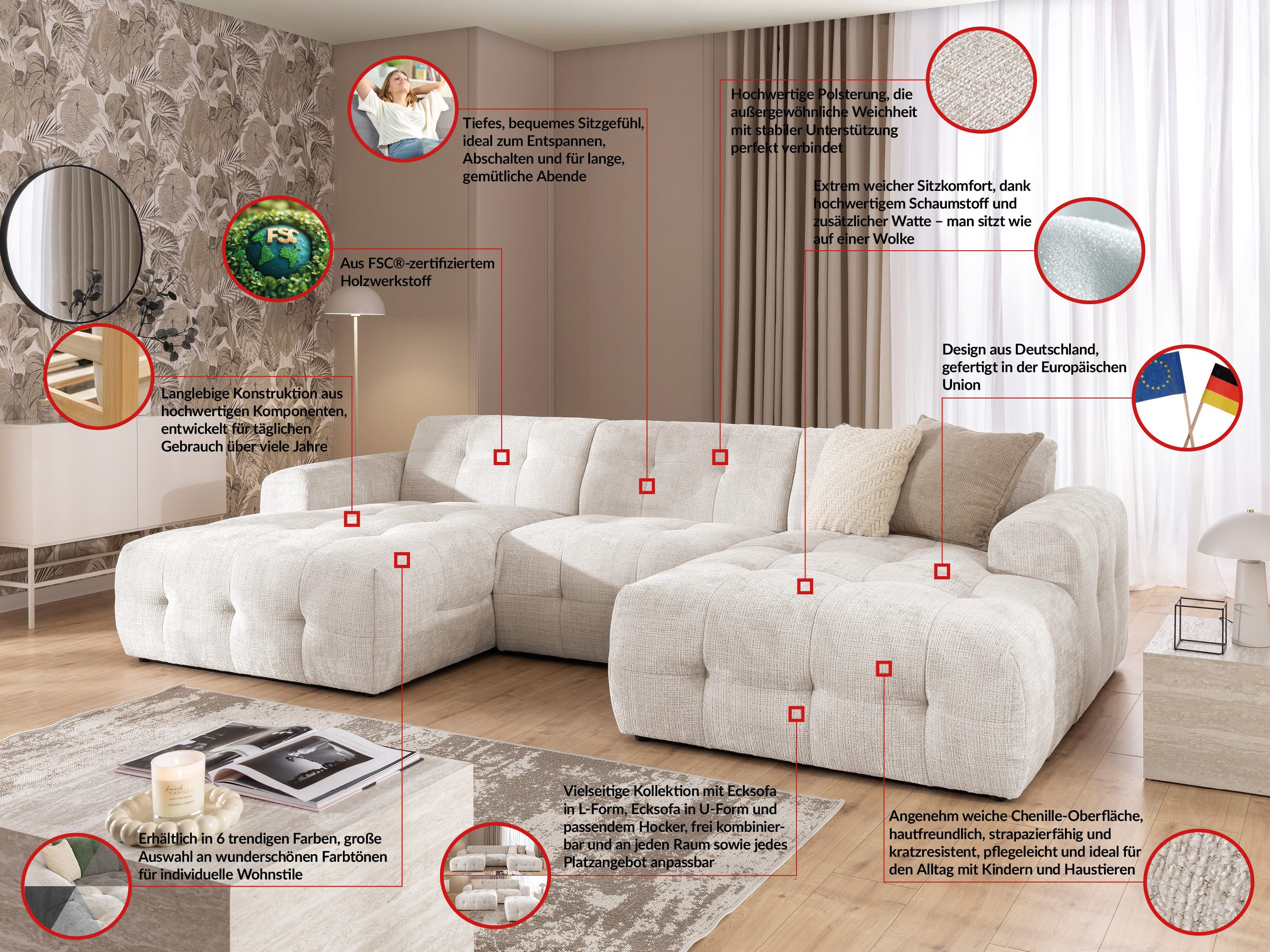 S-Style Möbel Wohnlandschaft Kozy im Bumpy-Design mit fester Rückenlehne aus weichem Chenille-Stoff, mit Wellenfederung