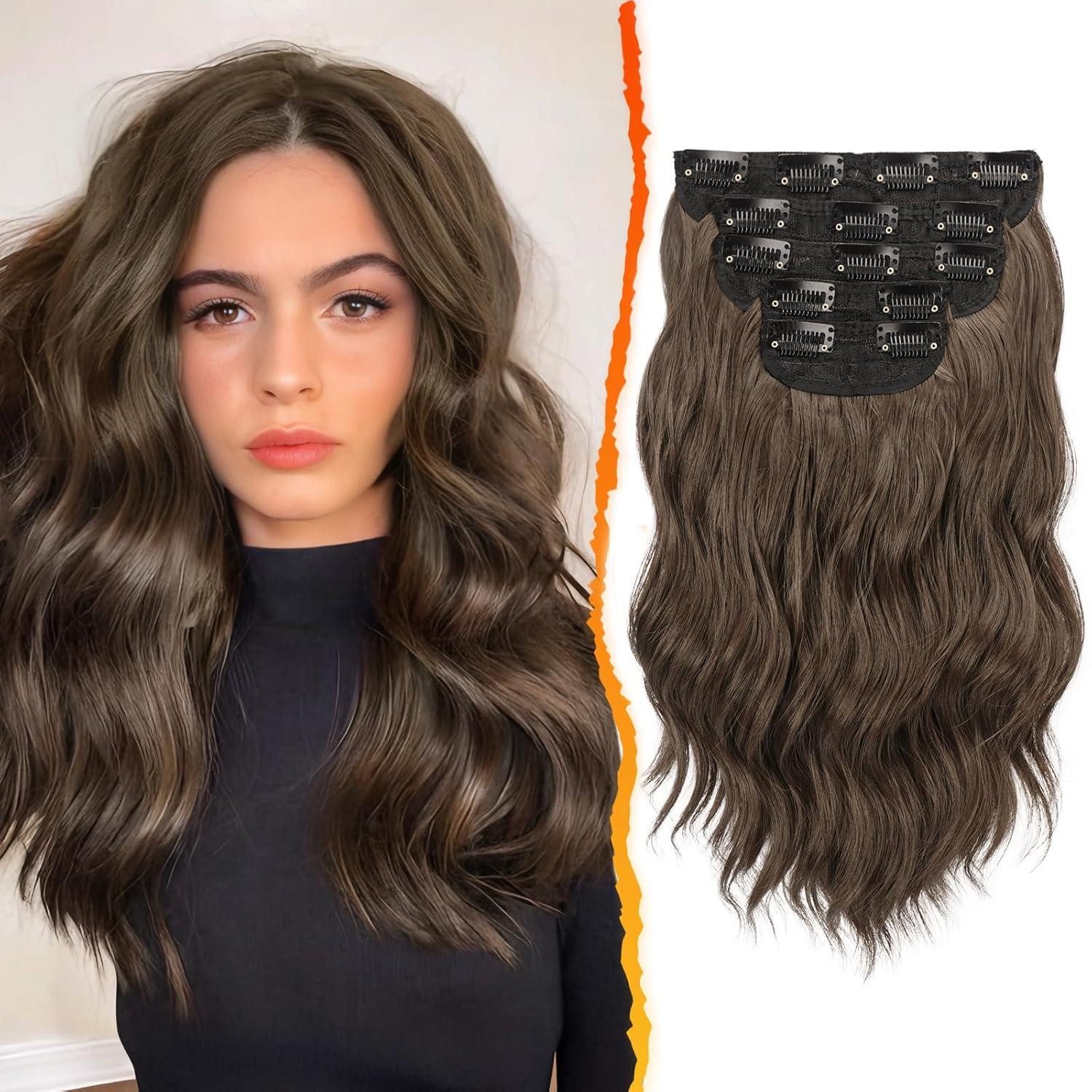 Kunsthaar-Extension Clip in Extensions 35cm Braun Wellige Haarverlängerung 5PCs weiches