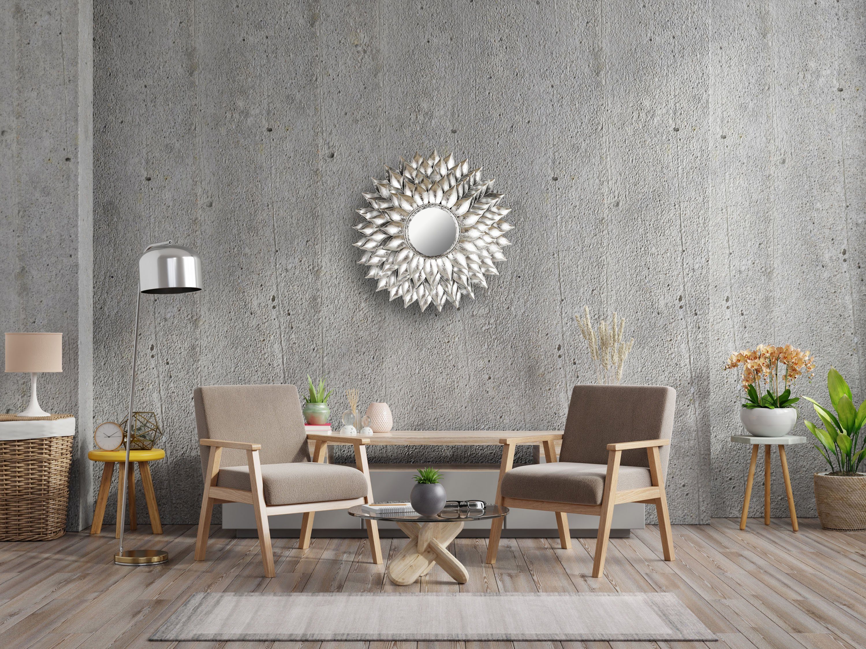 Leonique Dekospiegel Sarai, Wandspiegel, Sonne, silberfarben Metall aus Rahmen cm, Ø 73,5 Blattgold-Finish, mit