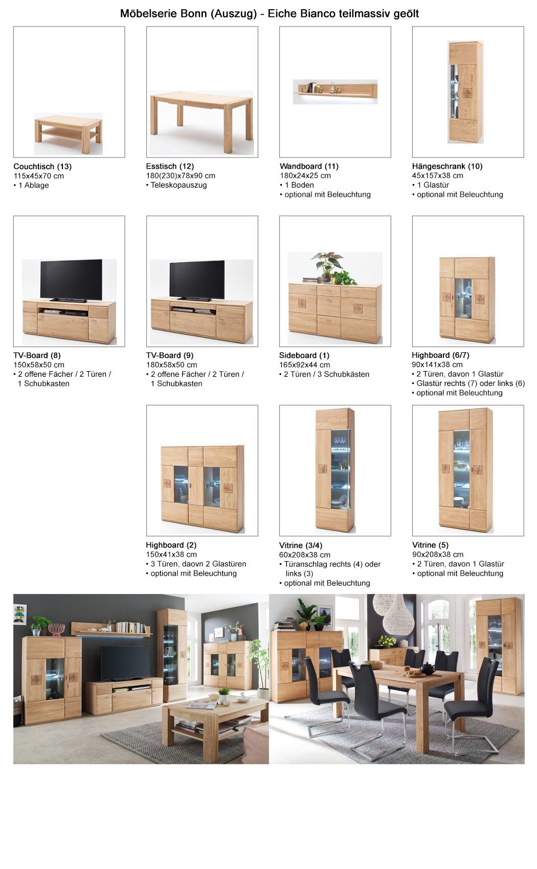 Bonn + expendio vormontiert Wohnzimmer-Set (Spar-Set, PU mit 4x Bianco 8-St), Eiche Auszug Schwingstuhl 140, Arida schwarz