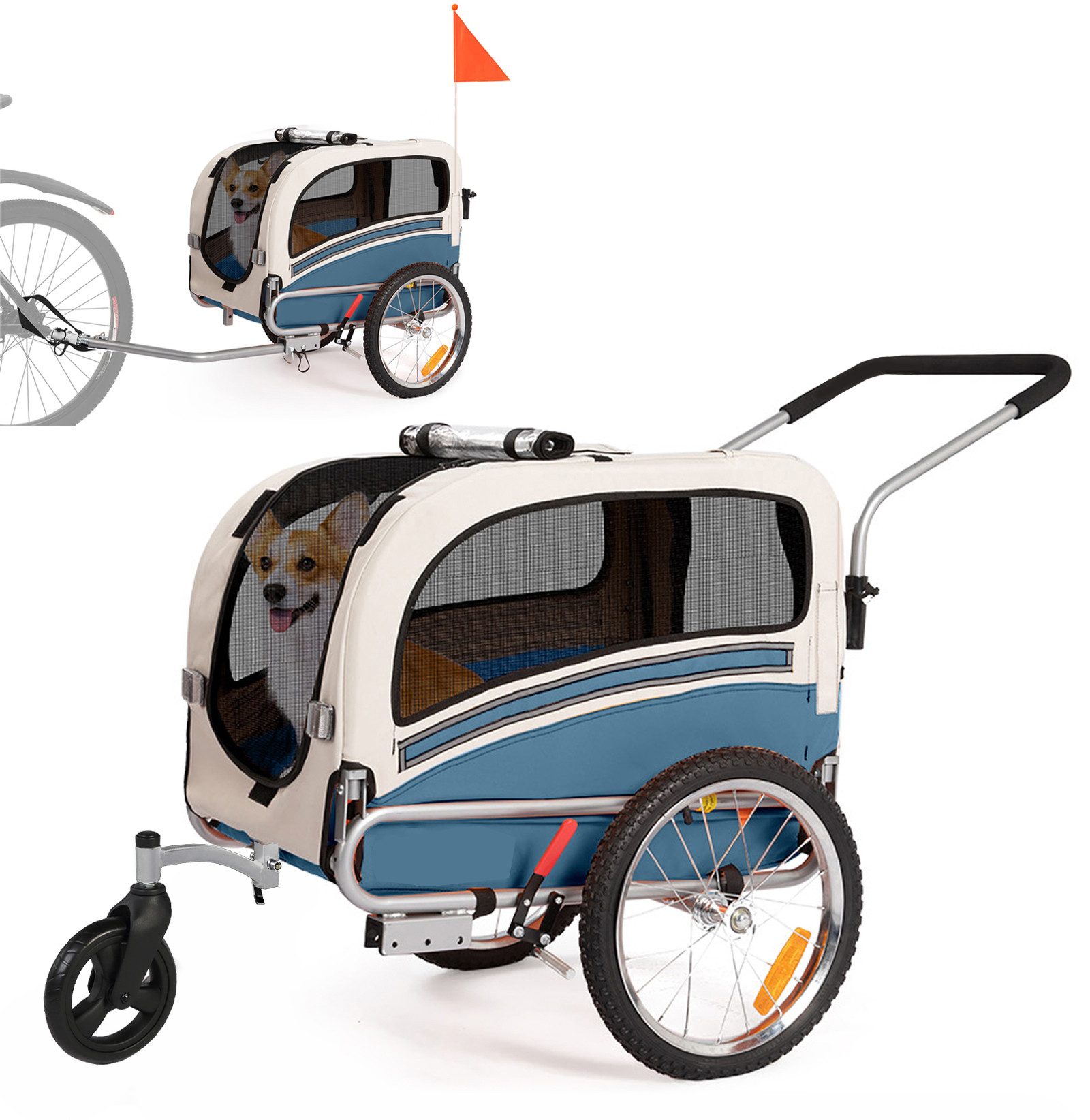 FANNOU Fahrradhundeanhänger 68 x 43 x 51 cm (LxBxH), 2 in1 Fahrradanhänger Haustier Transportwagen, bis zu 30kg tragen