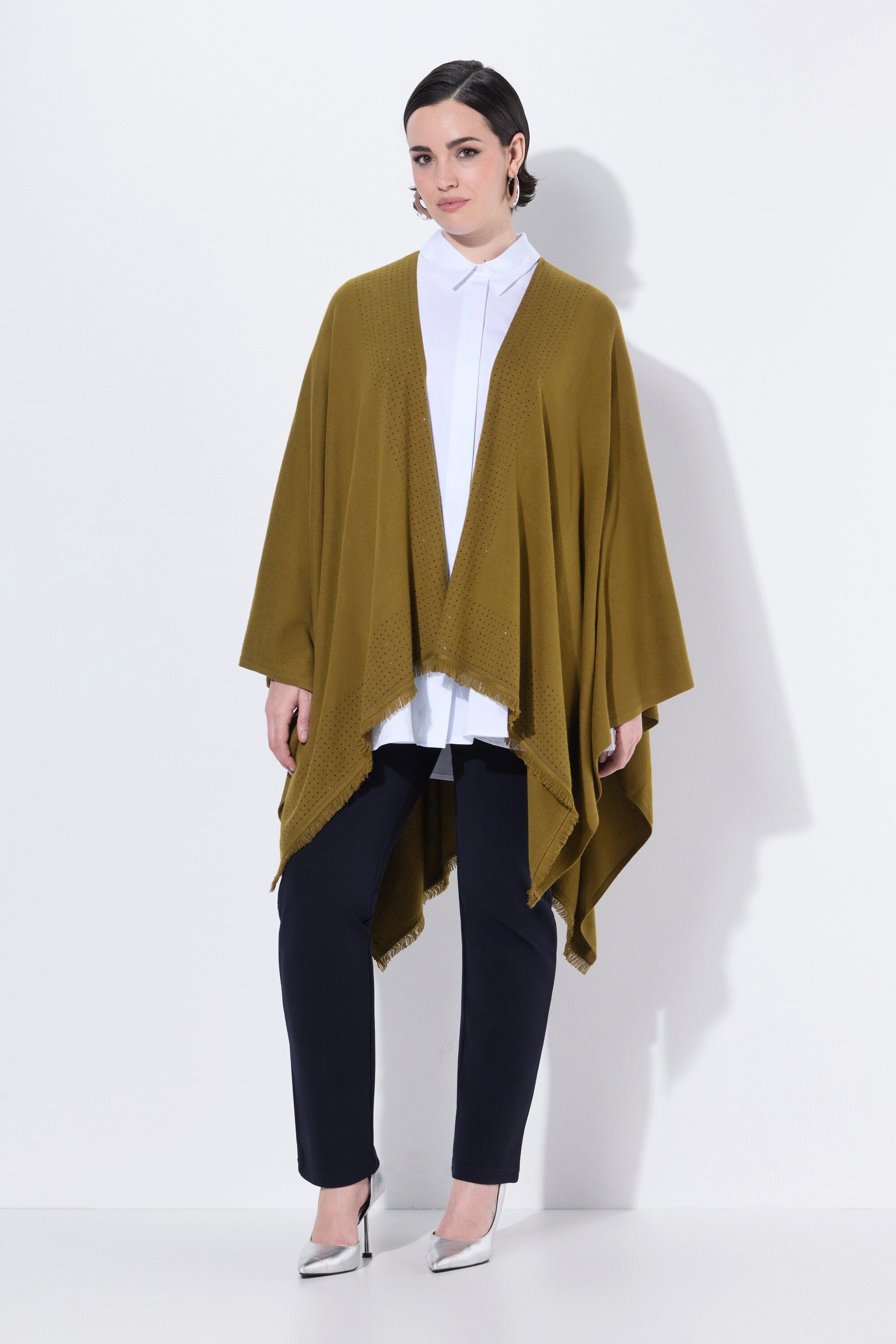 Ulla Popken Strickjacke Strickponcho Oversized Ziersteine offene Form