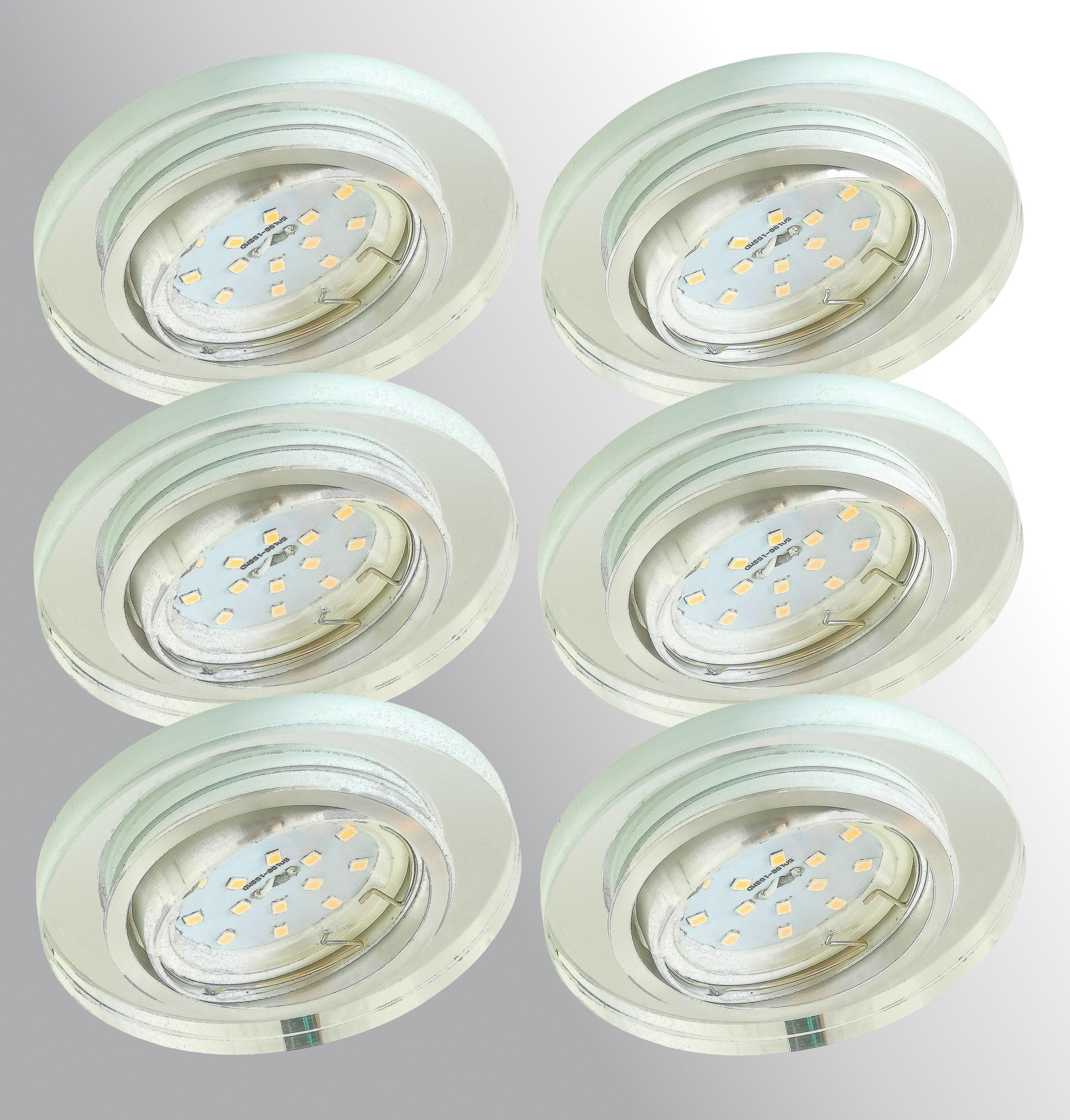 TRANGO LED Einbaustrahler, 6er Set 6729R-06MOSD *CRYSTAL* LED Deckenstrahler aus Echtglas Angeschliffen inkl. 6x 5 Watt 3-Stufen dimmbar Ultra Flach LED Modul, 3000K warmweiß, Einbauleuchte, Einbauspot, Deckenleuchte