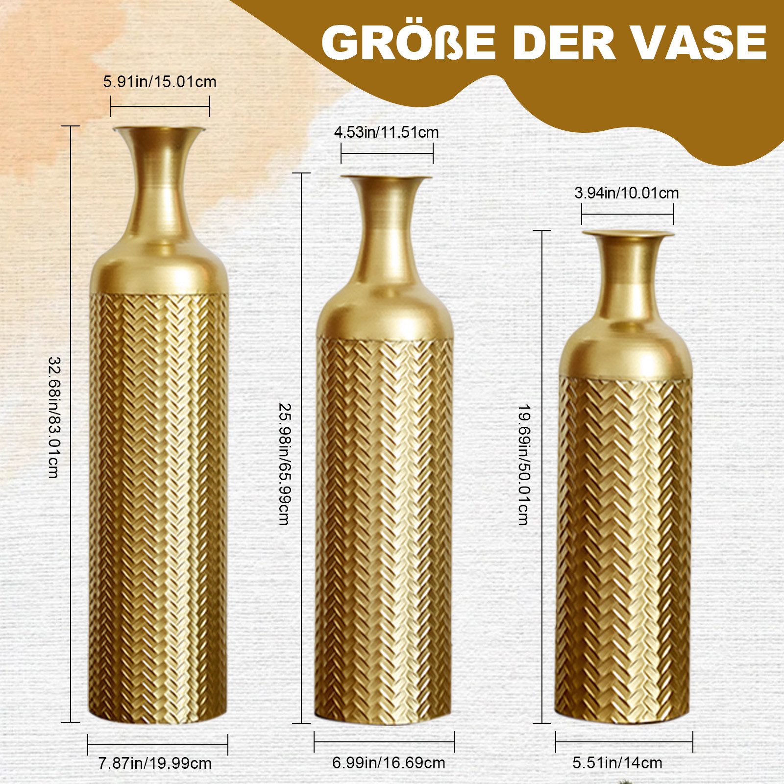 KLAM HOME Bodenvase Große Bodenvase 3er Set aus Metall, (50/65/83 cm), Mid-Century Modern (Dekovase Boden bis zur Decke reichende Vase, hohe dekorative Vase), Vintage Deko, Dekorative Vase für Wohnzimmer, Flur und Schlafzimmer